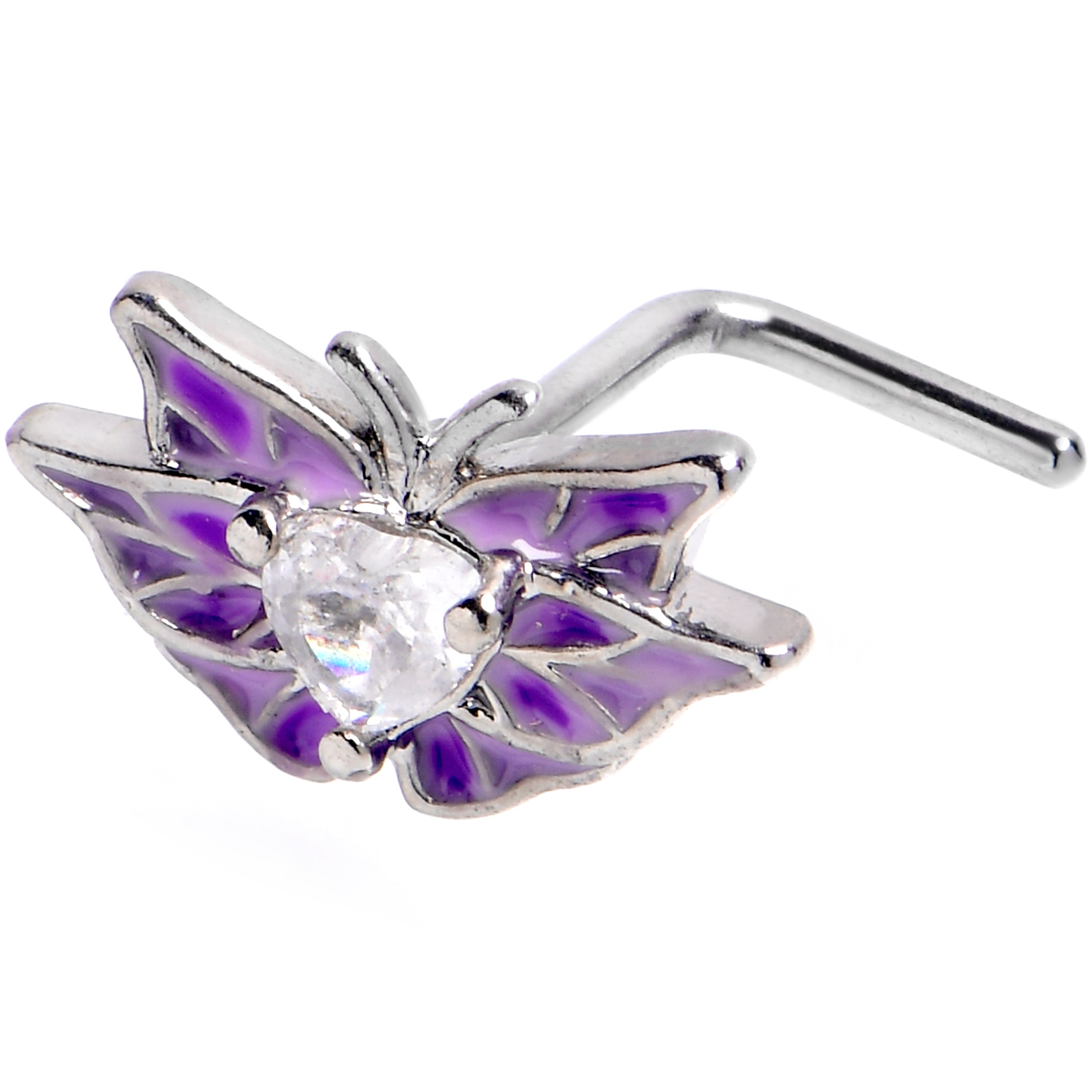 20 Gauge 7mm Clear CZ Gem Heart Butterfly Purple L Shape Nose Ring