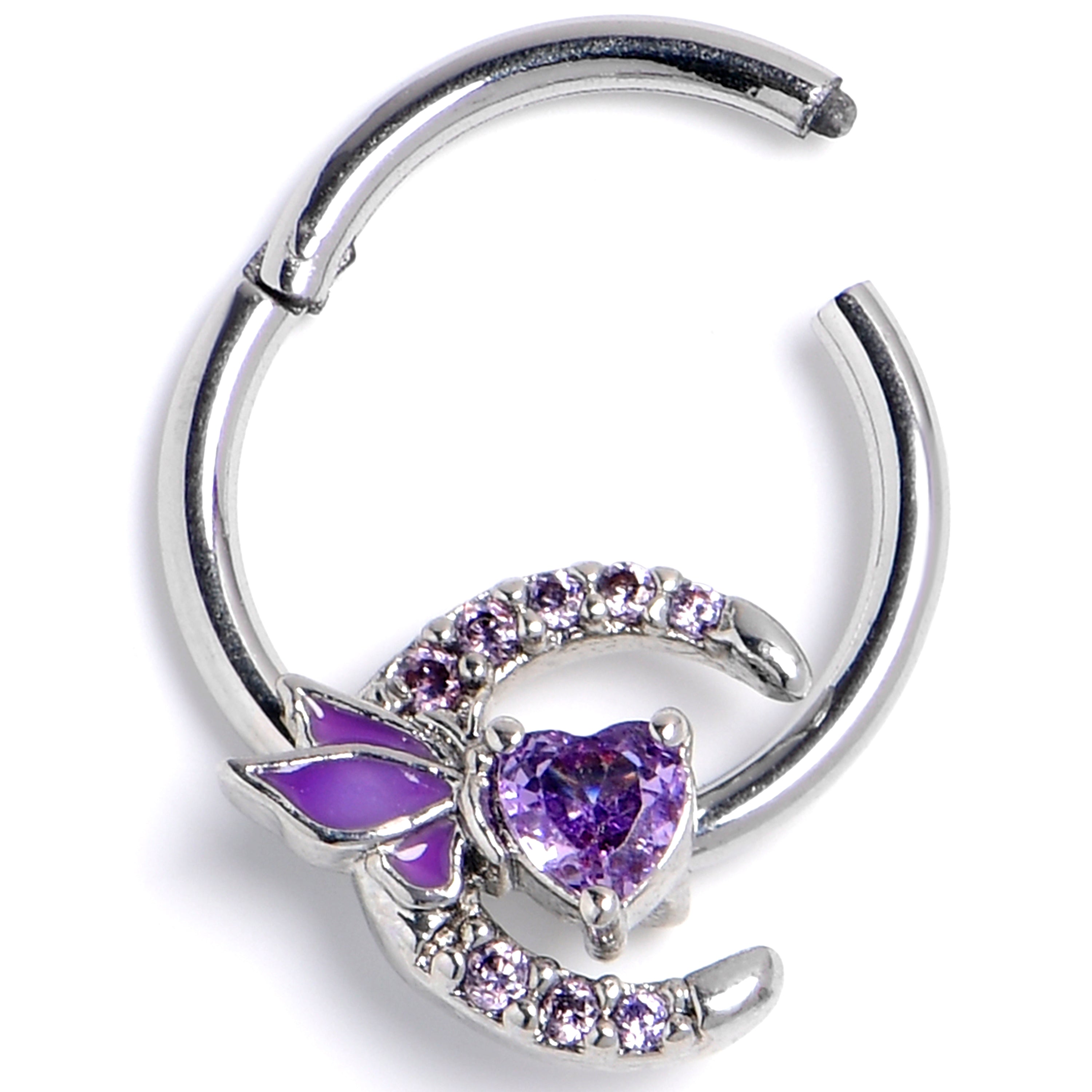 16 Gauge 3/8 Purple Gem Butterfly Heart Moon Hinged Segment Ring