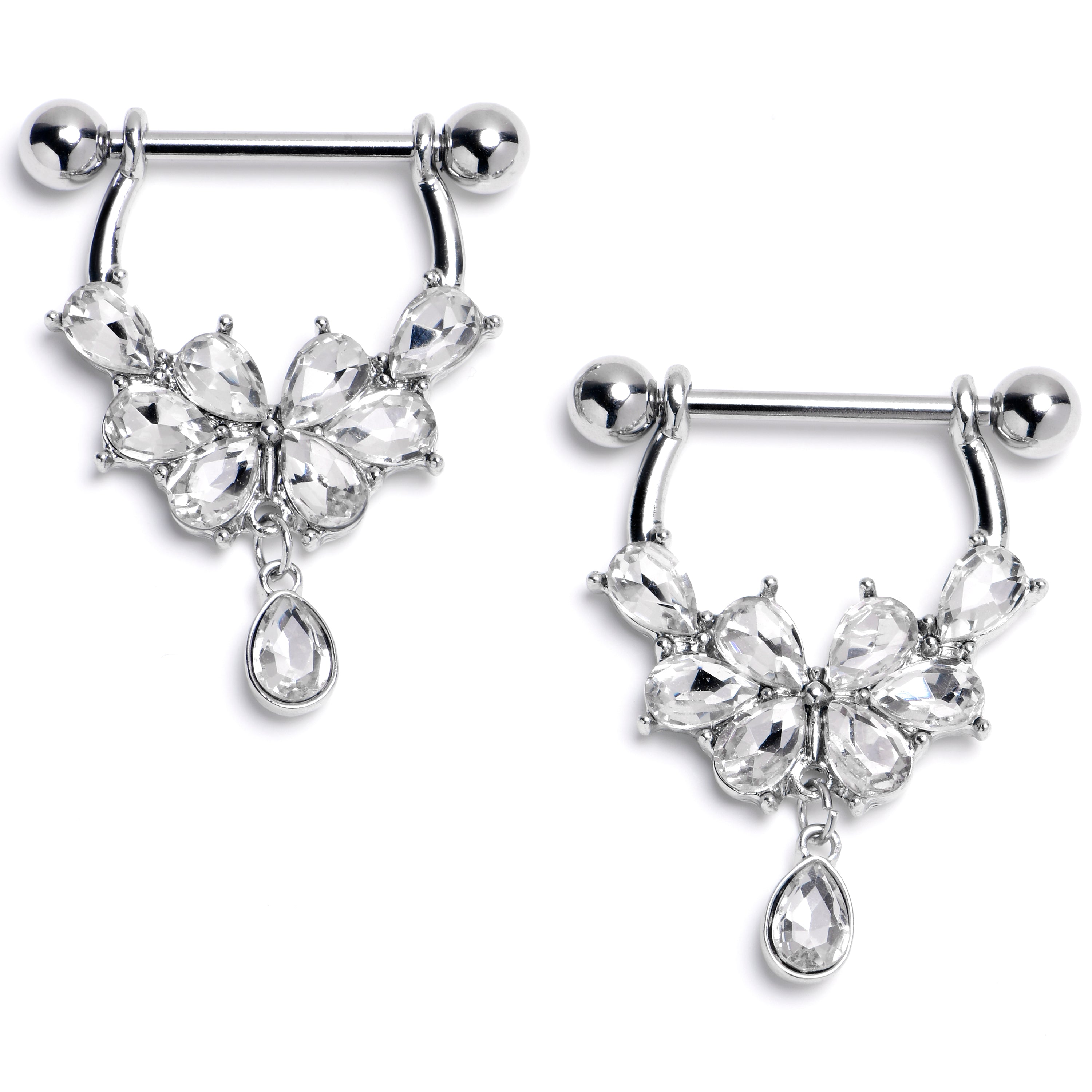 14 Gauge 9/16 Clear Gem Baroque Flower Bloom Dangle Nipple Ring Set