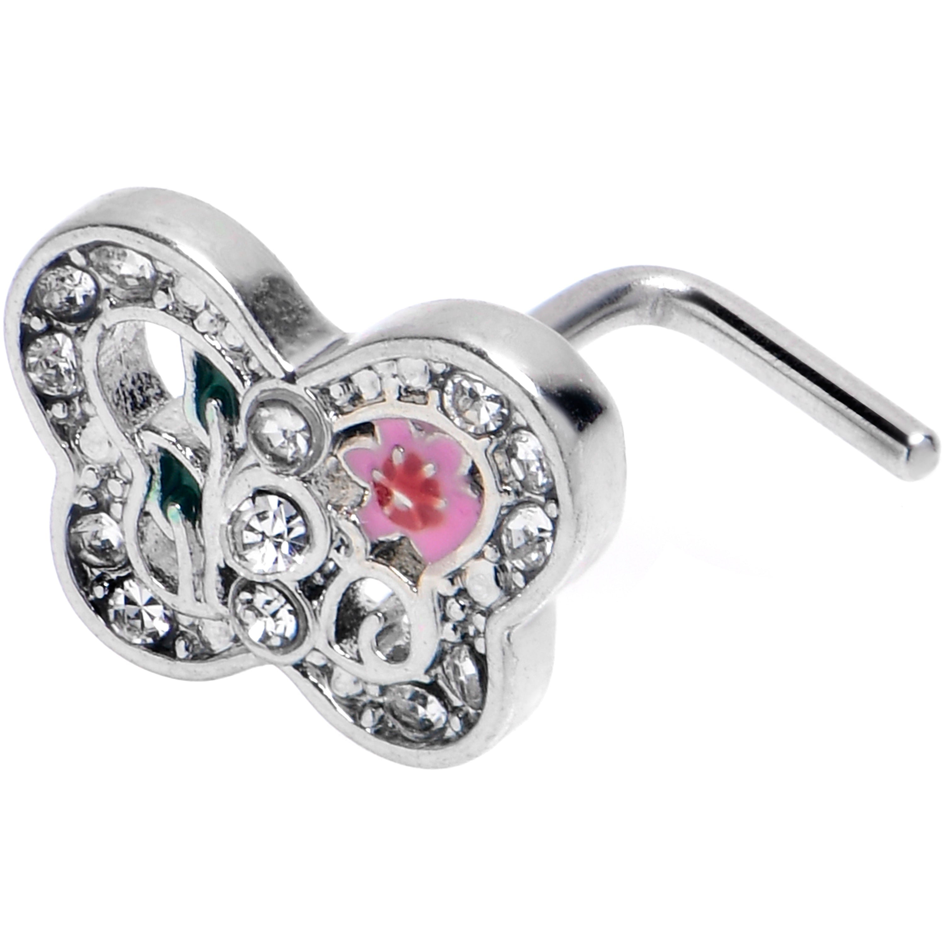 20 Gauge 7mm Clear CZ Gem Floral Butterfly L Shape Nose Ring