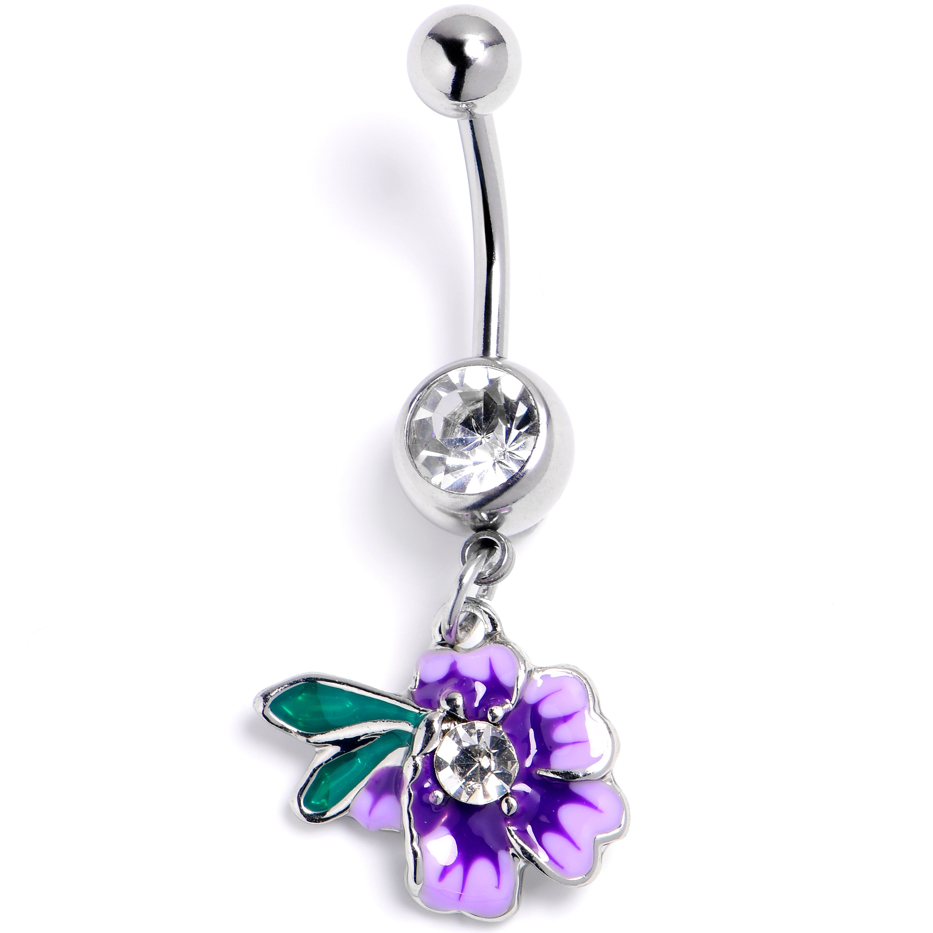 Clear Gem Faerie Flower Purple Dangle Belly Ring