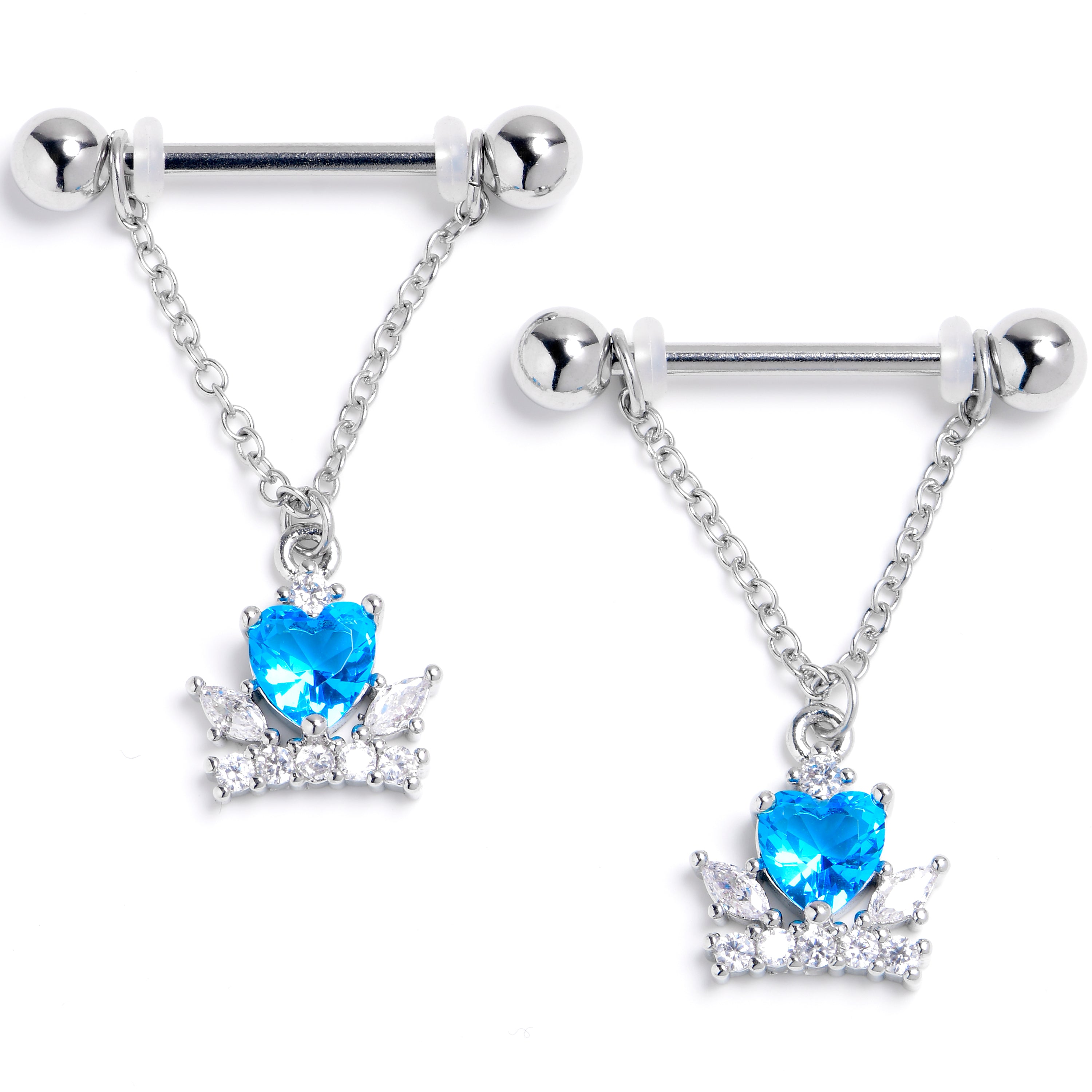 14 Gauge 9/16 Clear Blue CZ Gem Crown Heart Dangle Nipple Ring Set