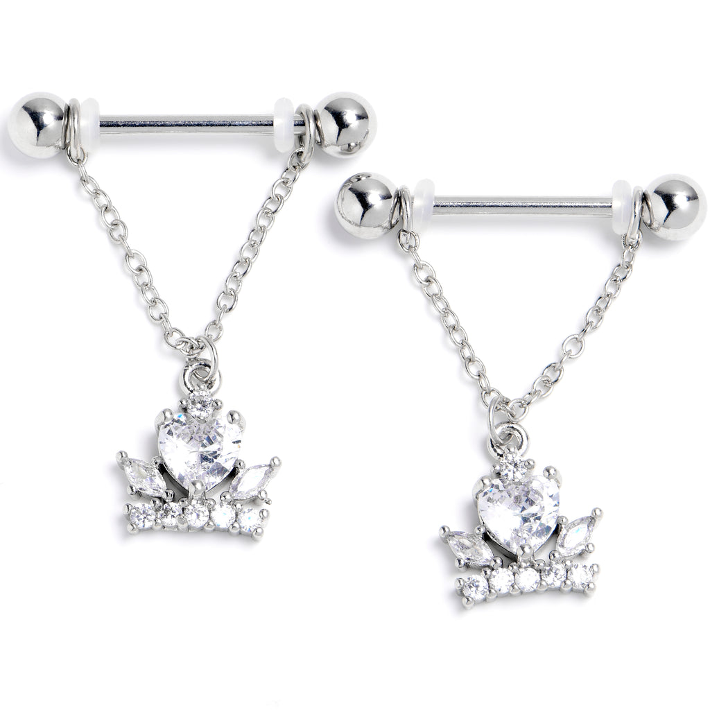 14 Gauge 9/16 Clear CZ Gem Crown Heart Dangle Nipple Ring Set