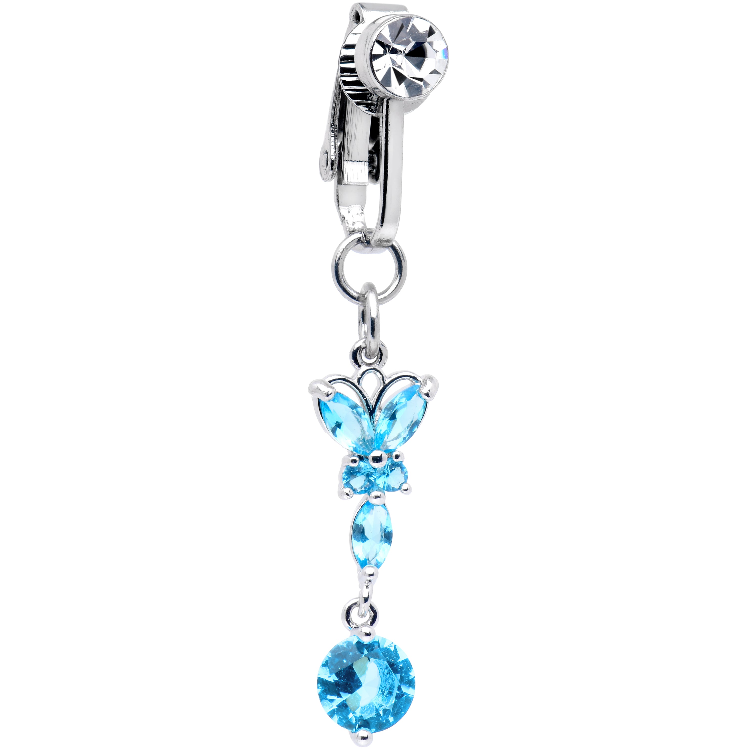 Blue CZ Gem Butterfly Baroque Drop Dangle Clip on Fake Belly Ring