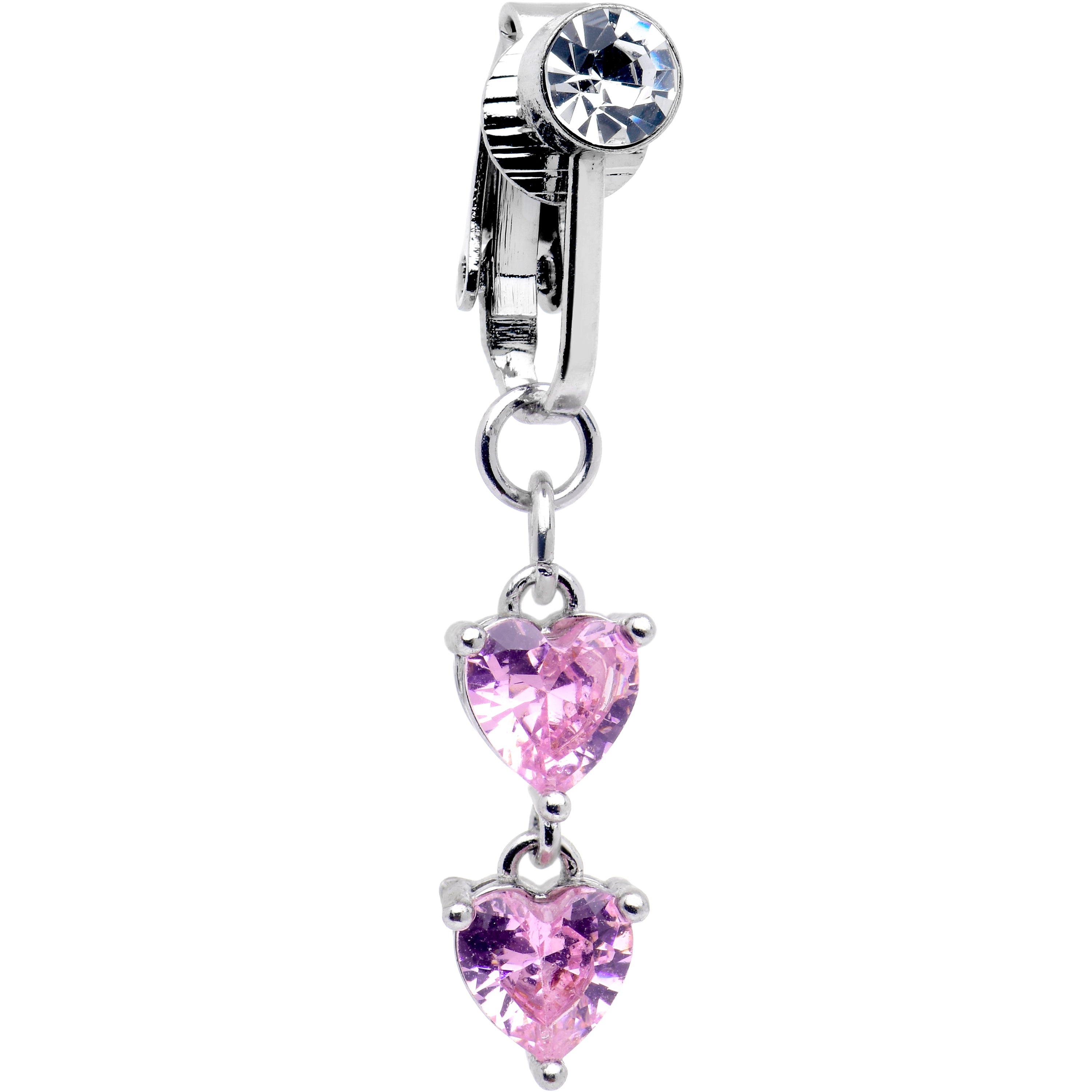 Pink CZ Gem Hearts Dangle Clip on Fake Belly Ring