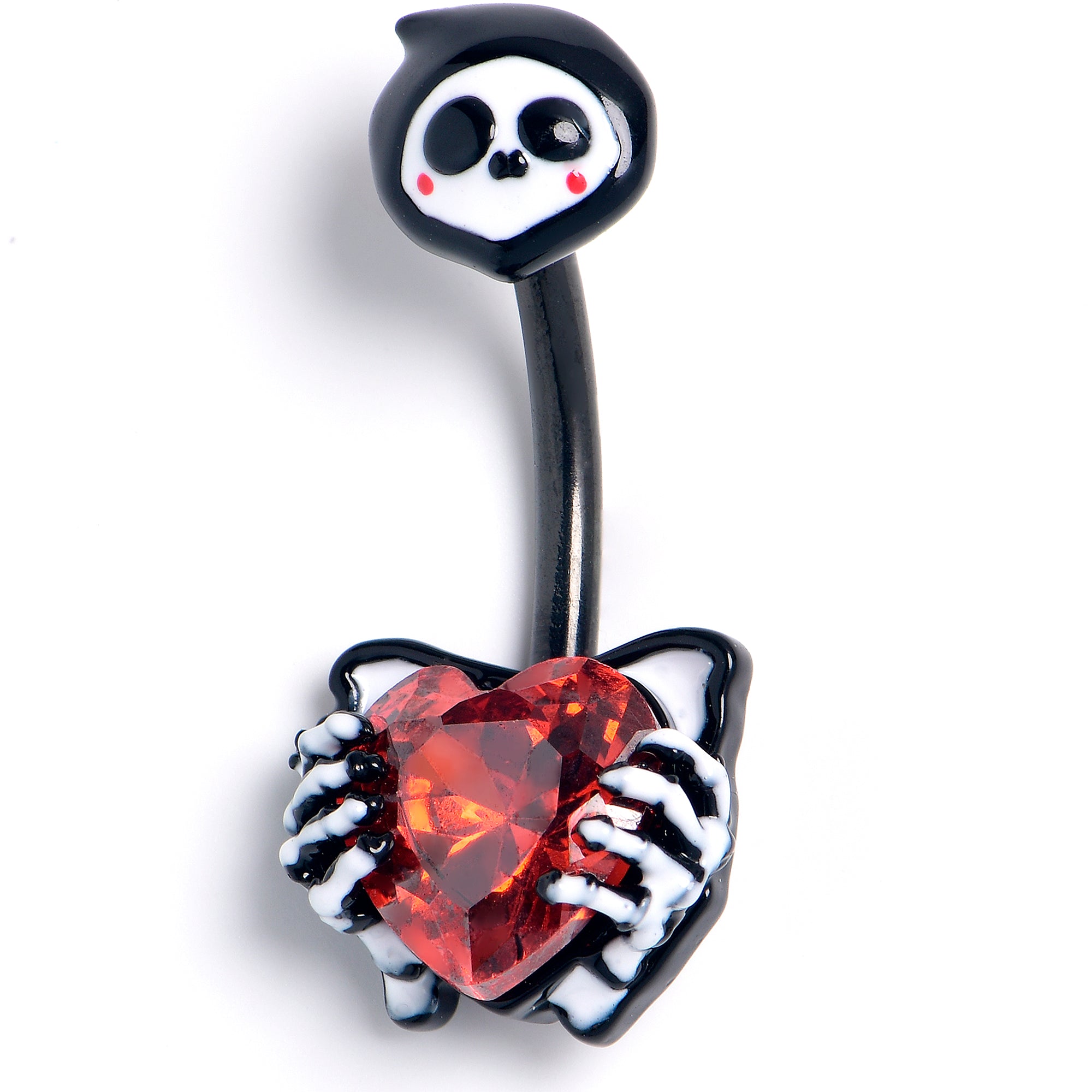 Red Gem Black Skeleton Heart Double Mount Belly Ring