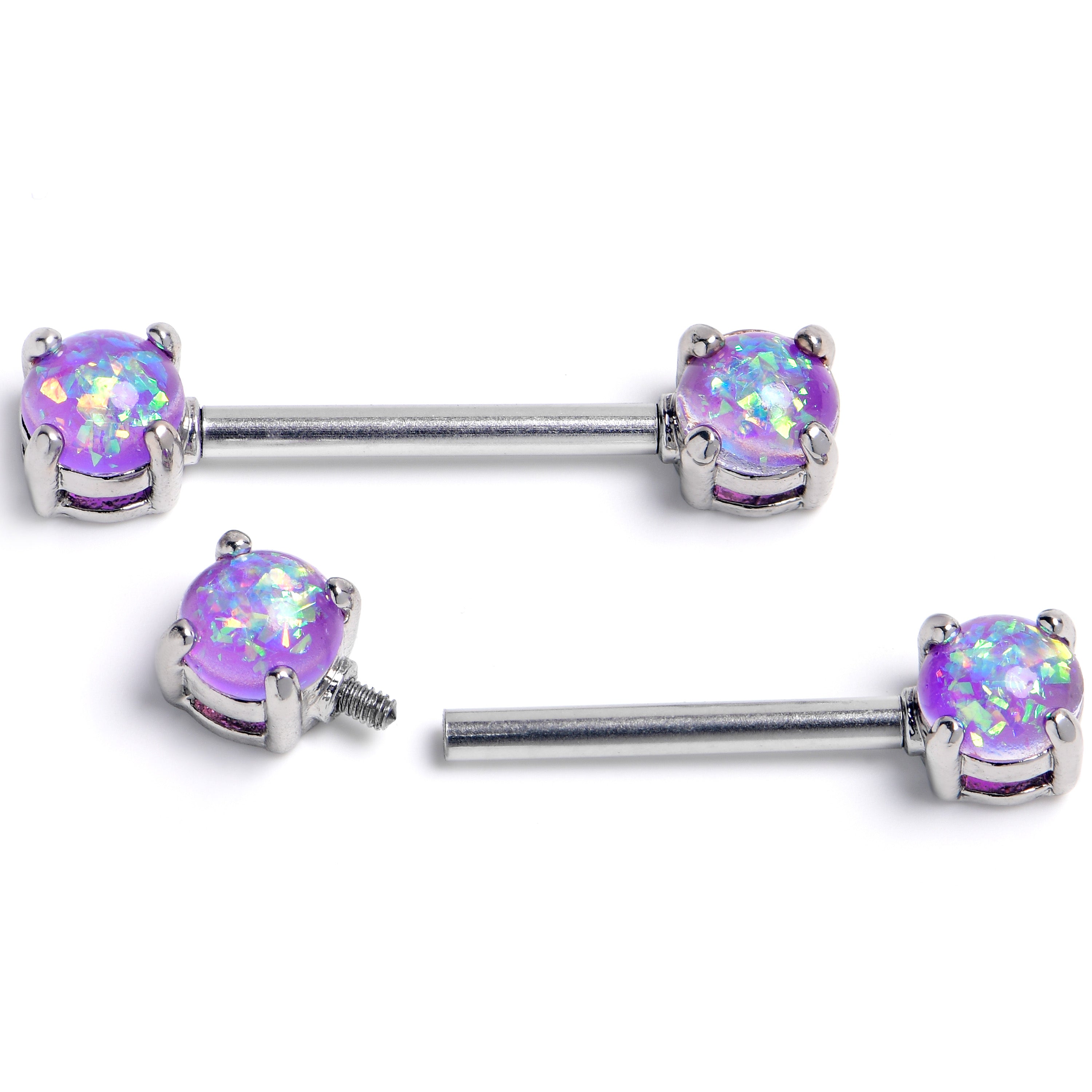 14 Gauge 9/16 Purple Faux Opal Internally Threaded Barbell Nipple Ring Set