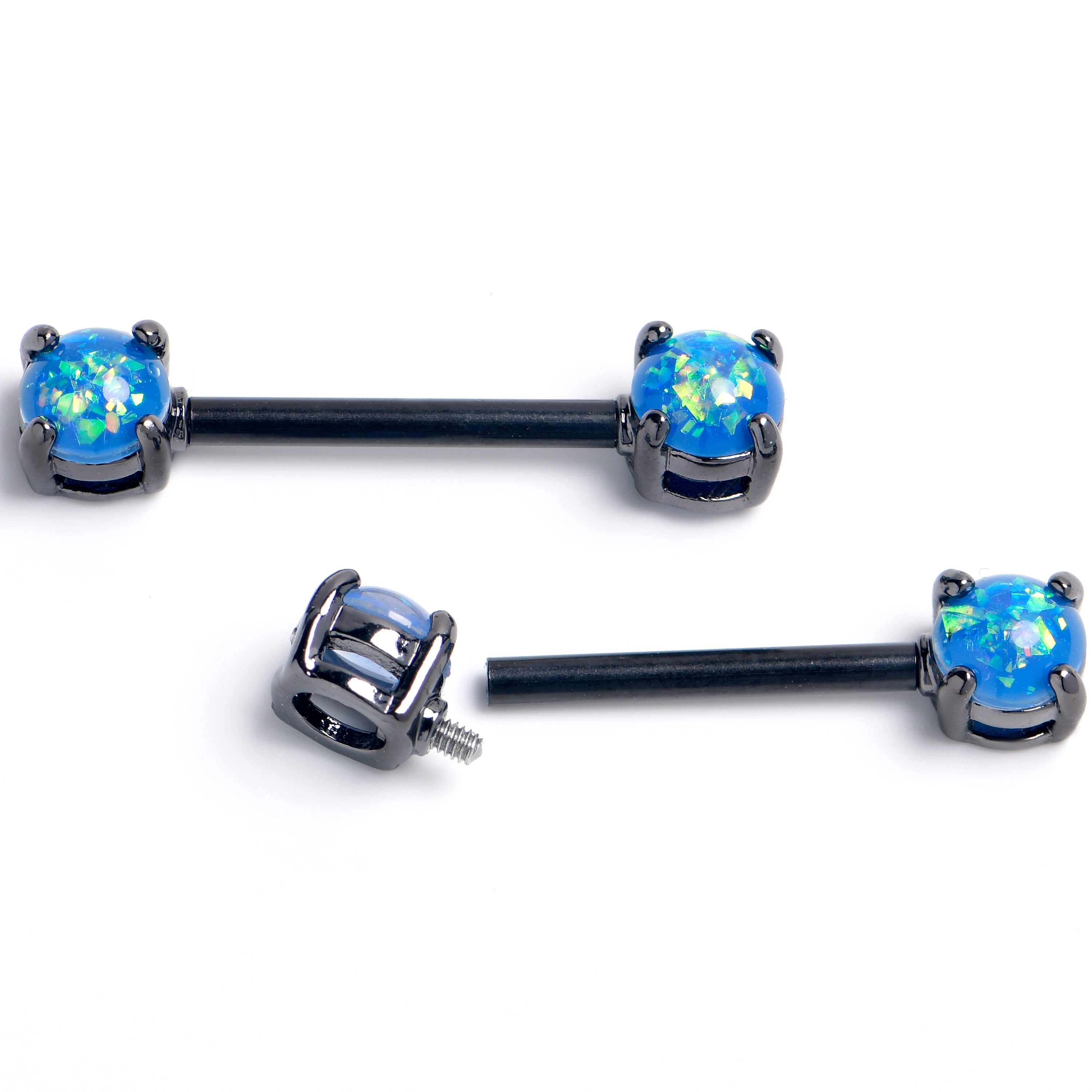 14 Gauge 9/16 Blue Faux Opal Black Internally Threaded Nipple Ring Set