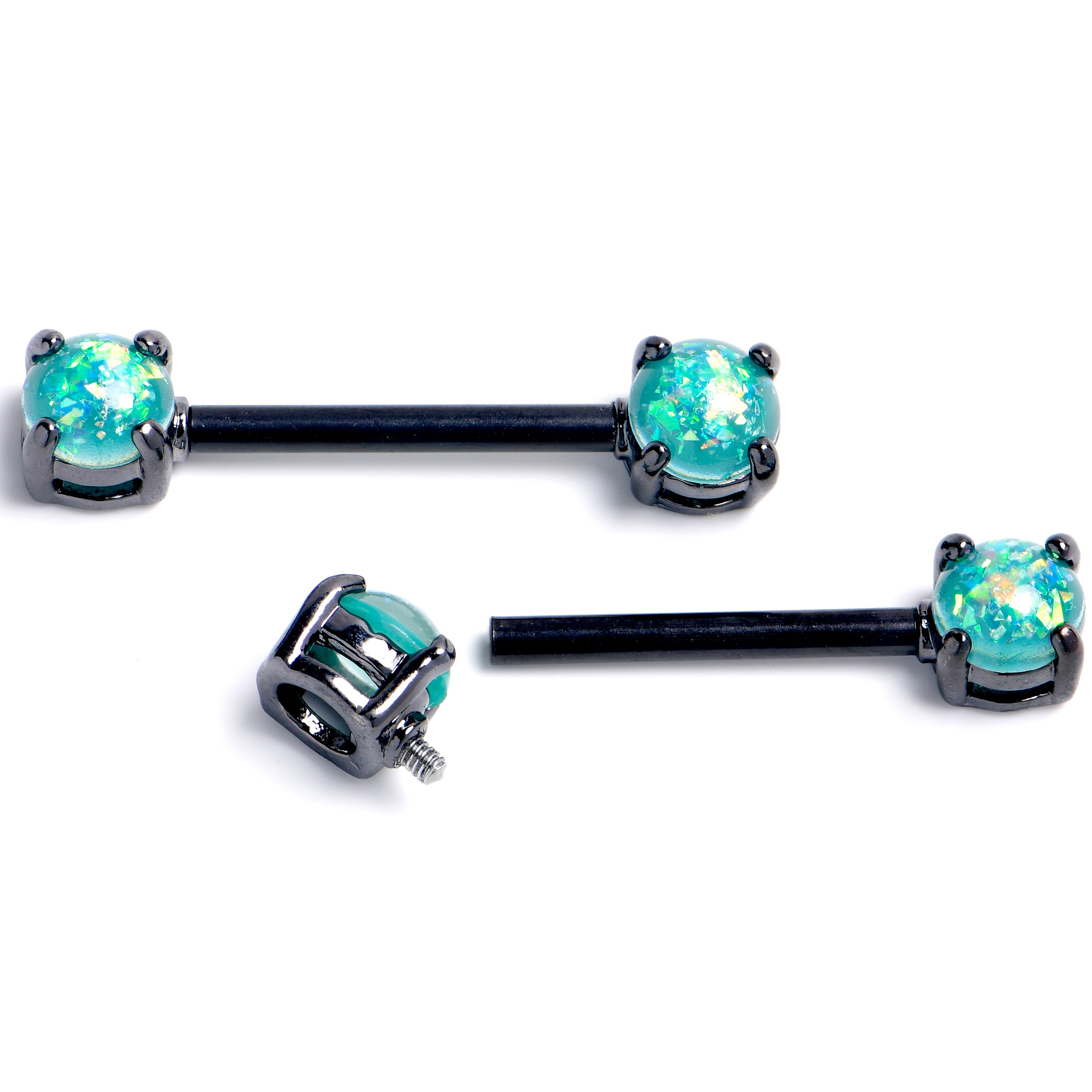 14 Gauge 9/16 Green Faux Opal Black Internally Threaded Nipple Ring Set