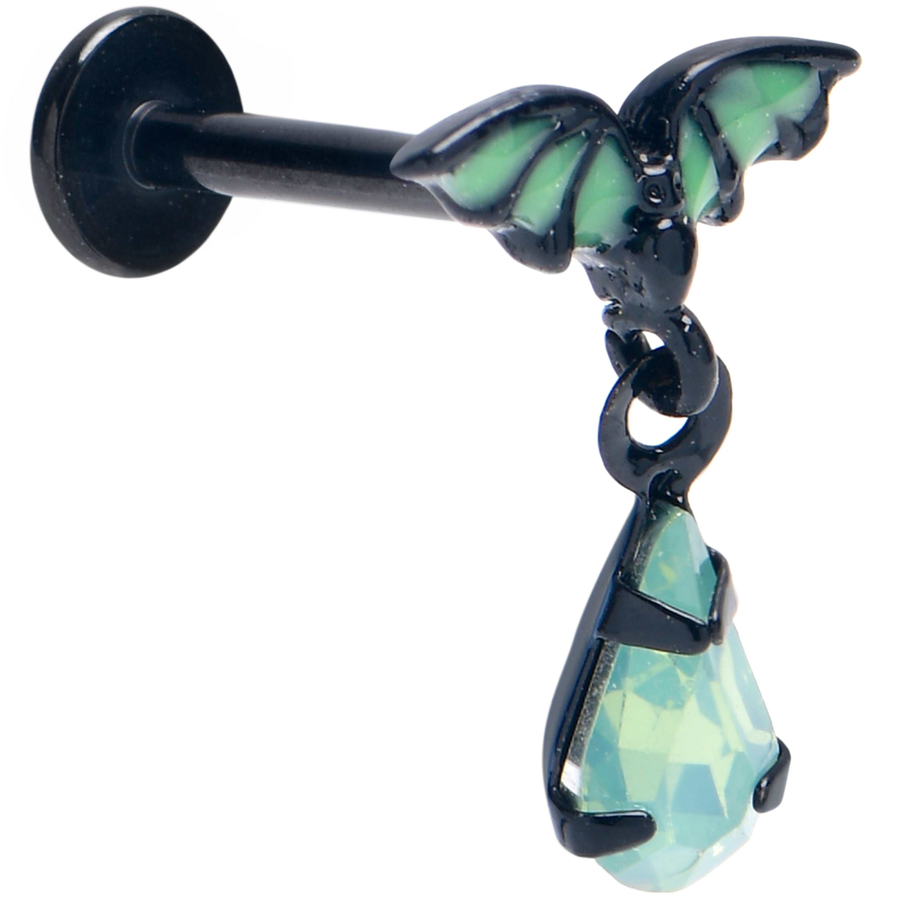 16 Gauge 5/16 Green Gem Black Bat Wings Dangle Labret Monroe Tragus