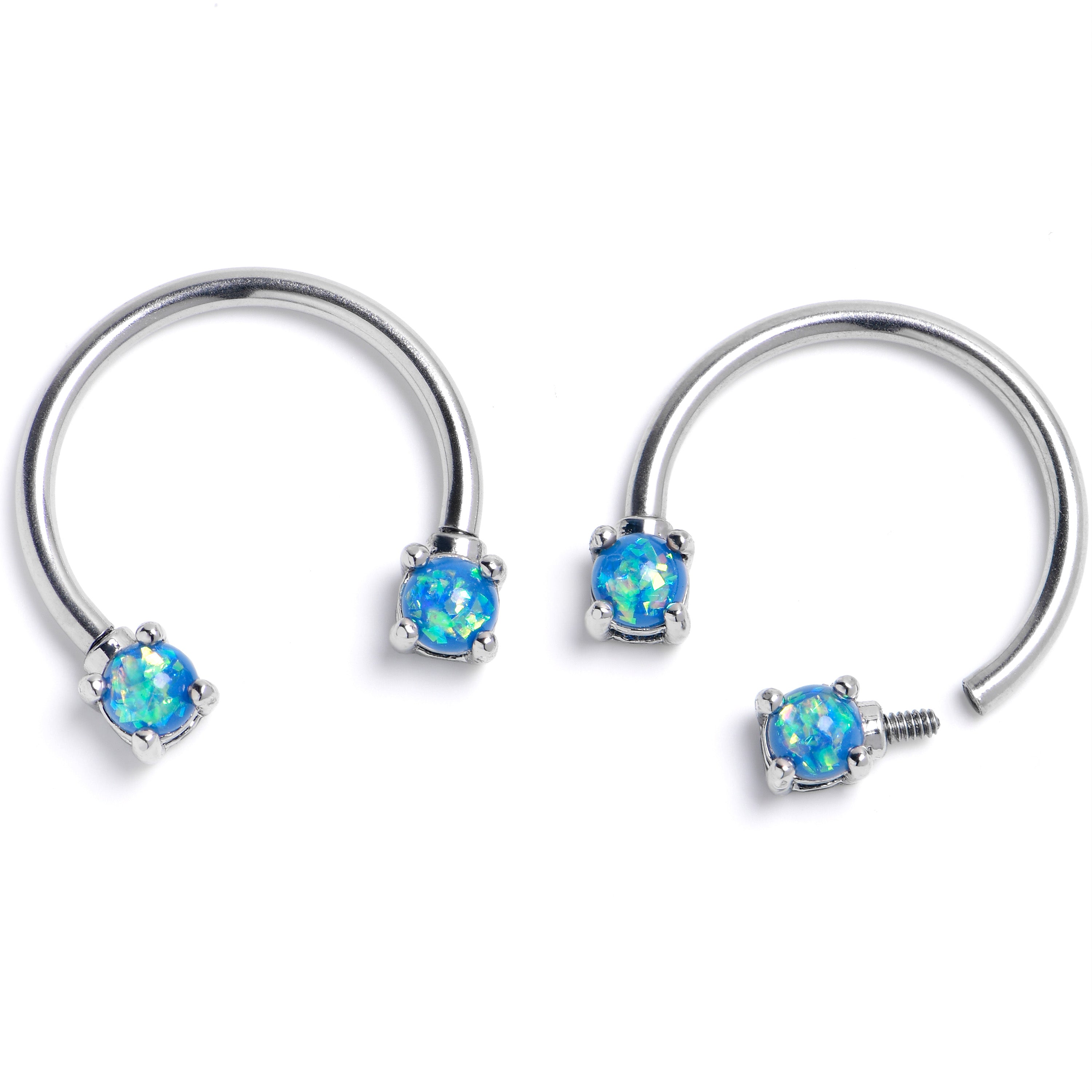 16 Gauge 3/8 Blue Faux Opal Internally Threaded Horseshoe Nipple Ring Set