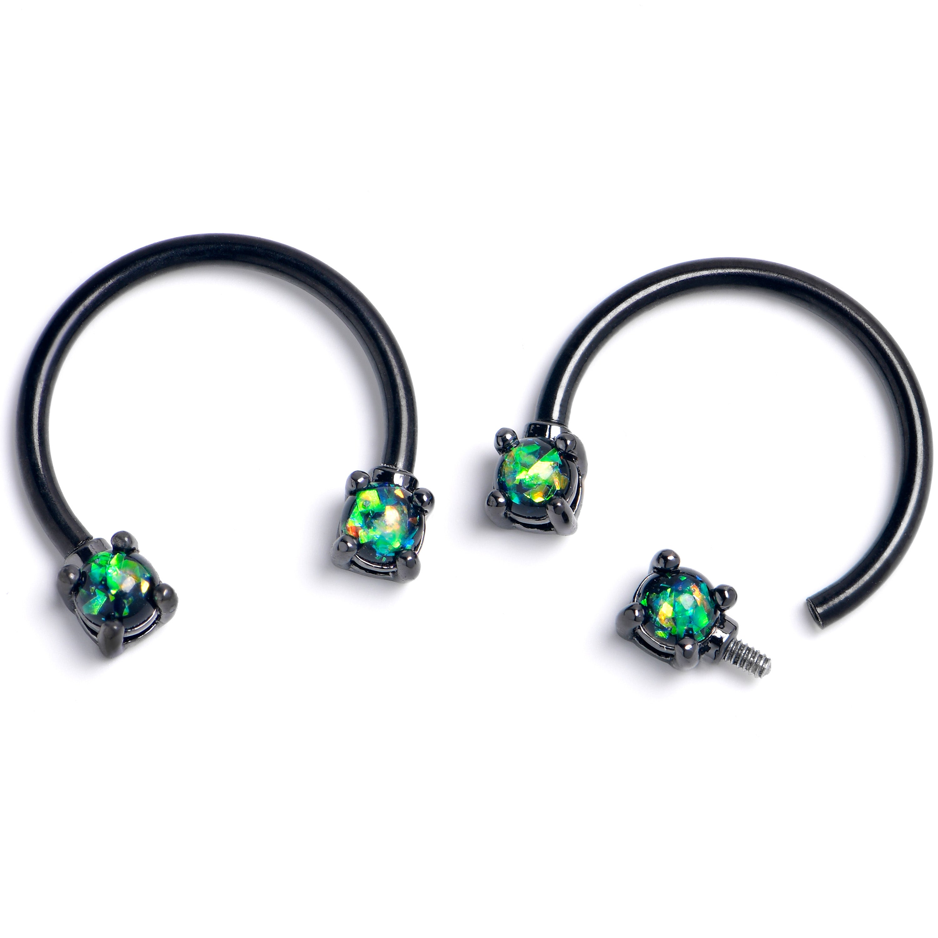 16 Gauge 3/8 Green Faux Opal Black Internally Threaded Horseshoe Set