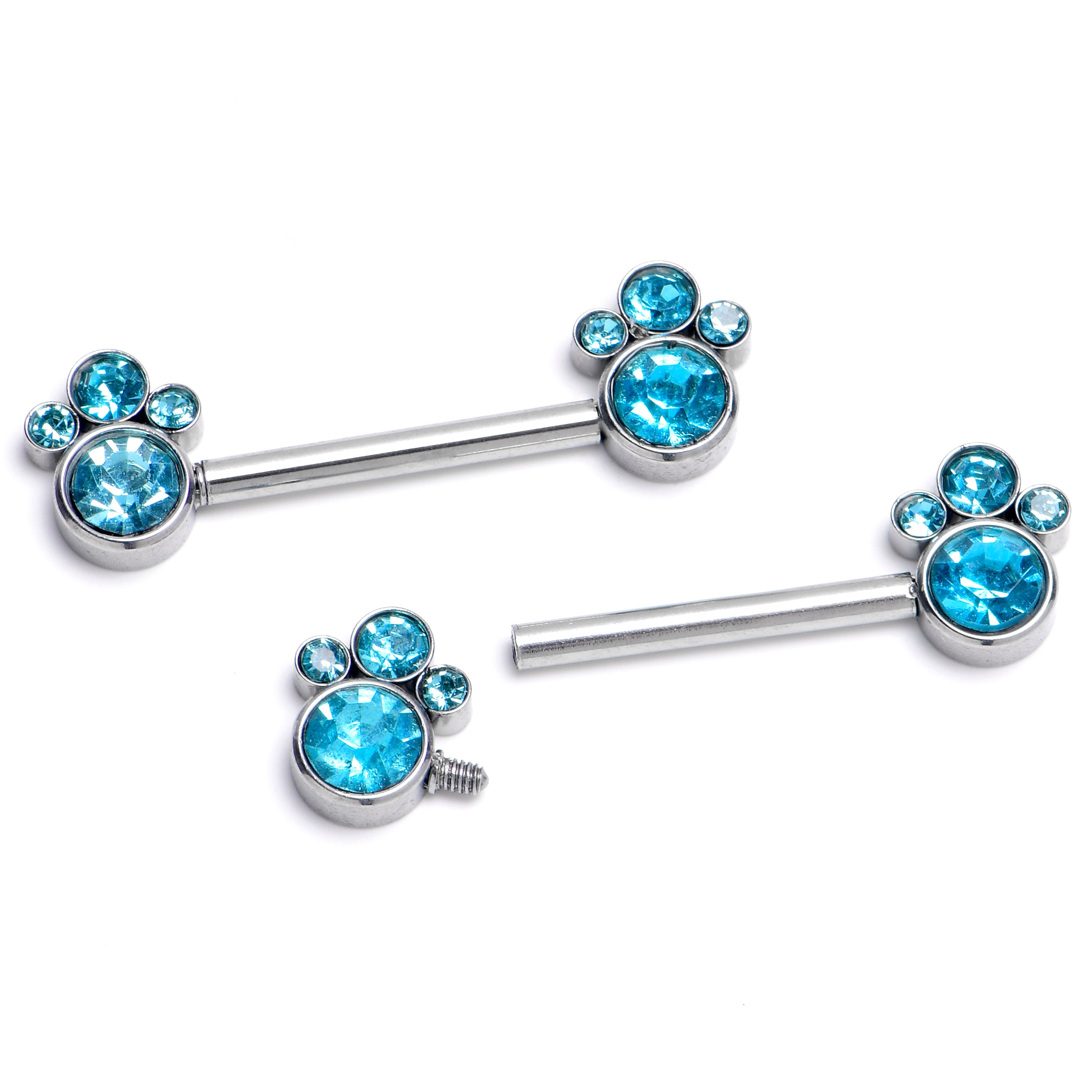 14 Gauge 9/16 Blue CZ Gem Quartet Internally Threaded Nipple Ring Set