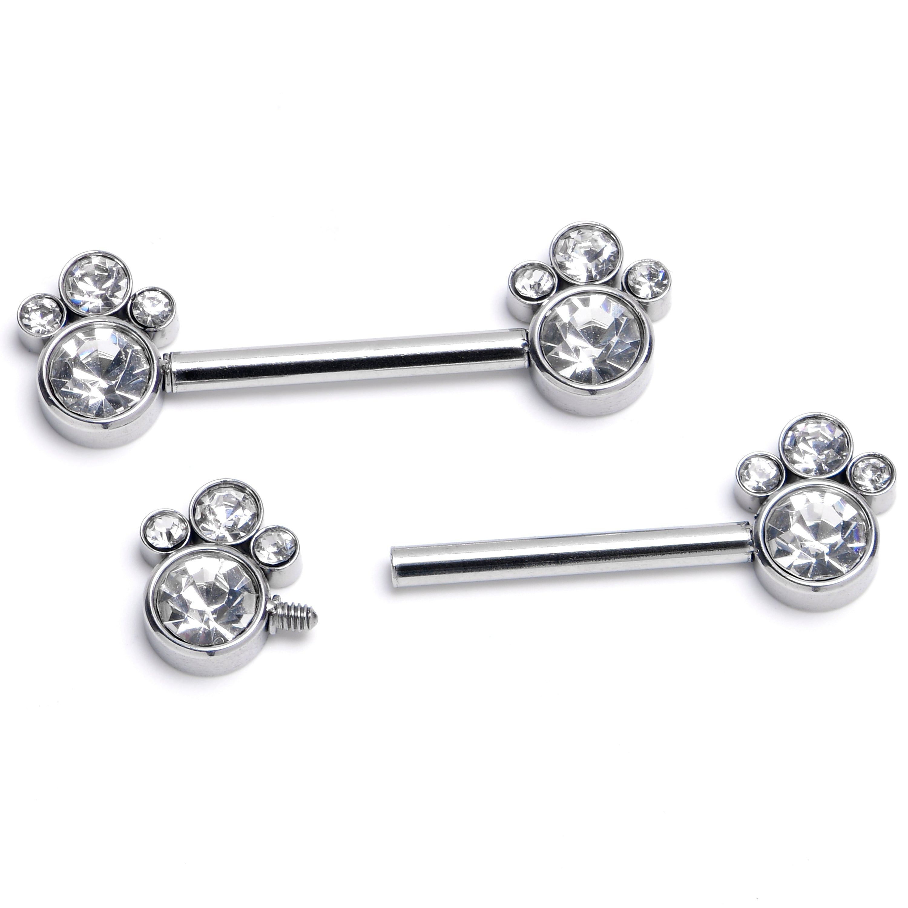 14 Gauge 9/16 Clear CZ Gem Quartet Internally Threaded Nipple Ring Set