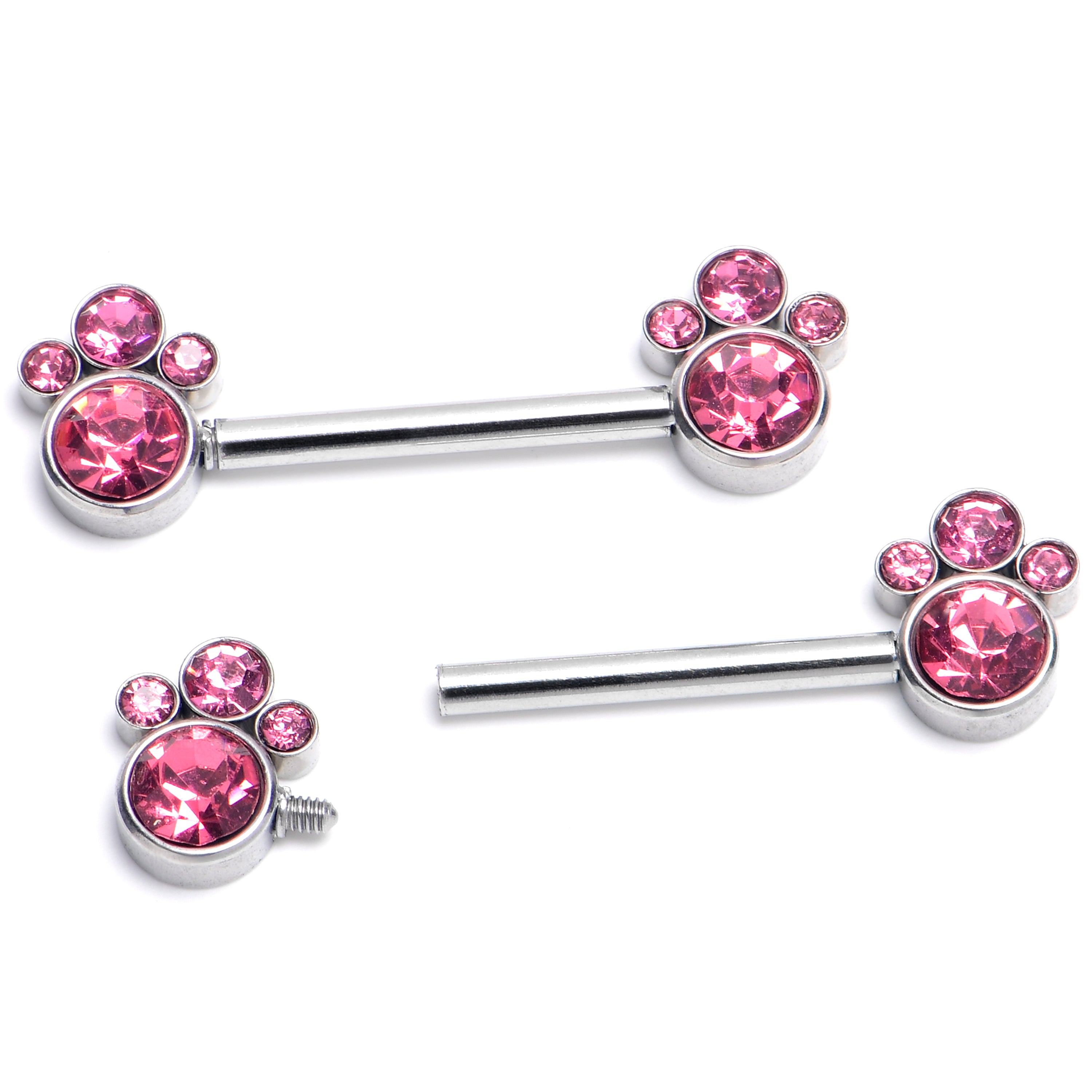 14 Gauge 9/16 Pink CZ Gem Quartet Internally Threaded Nipple Ring Set