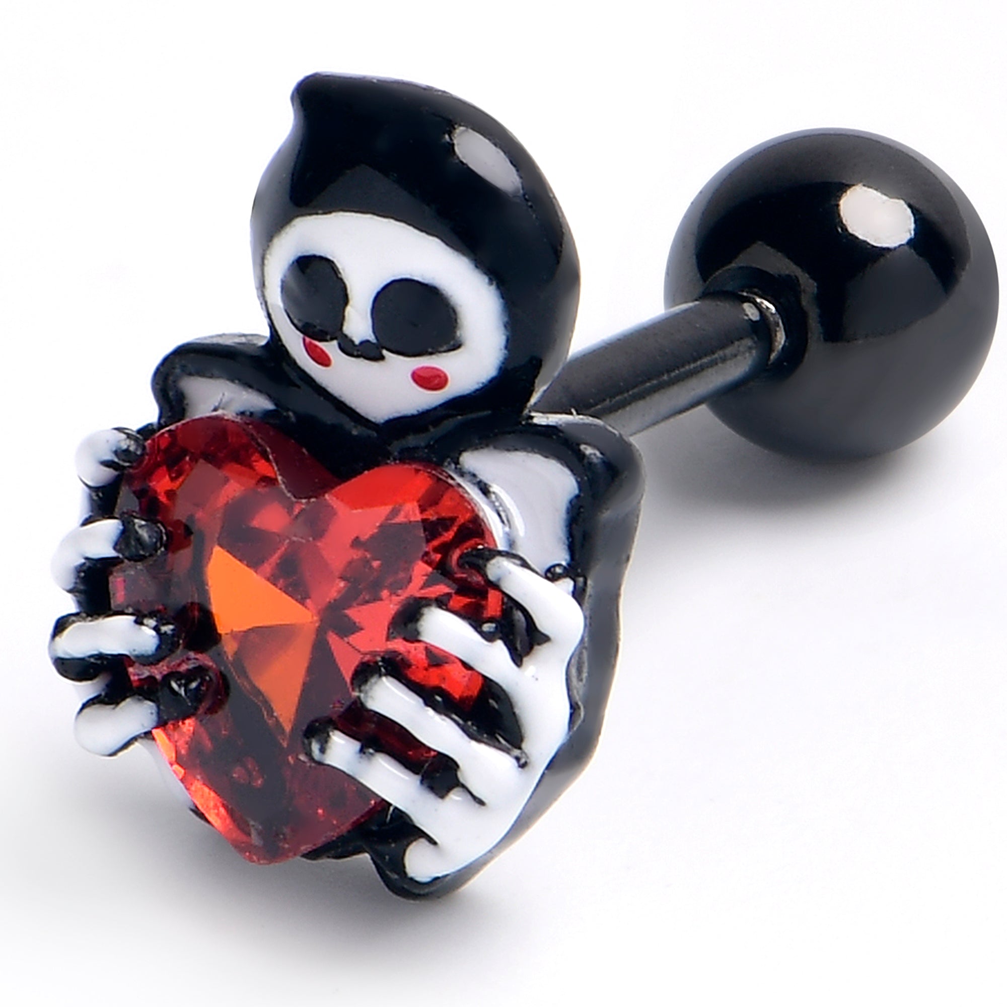 16 Gauge 1/4 Red Gem Black Skeleton Heart Cartilage Tragus Earring