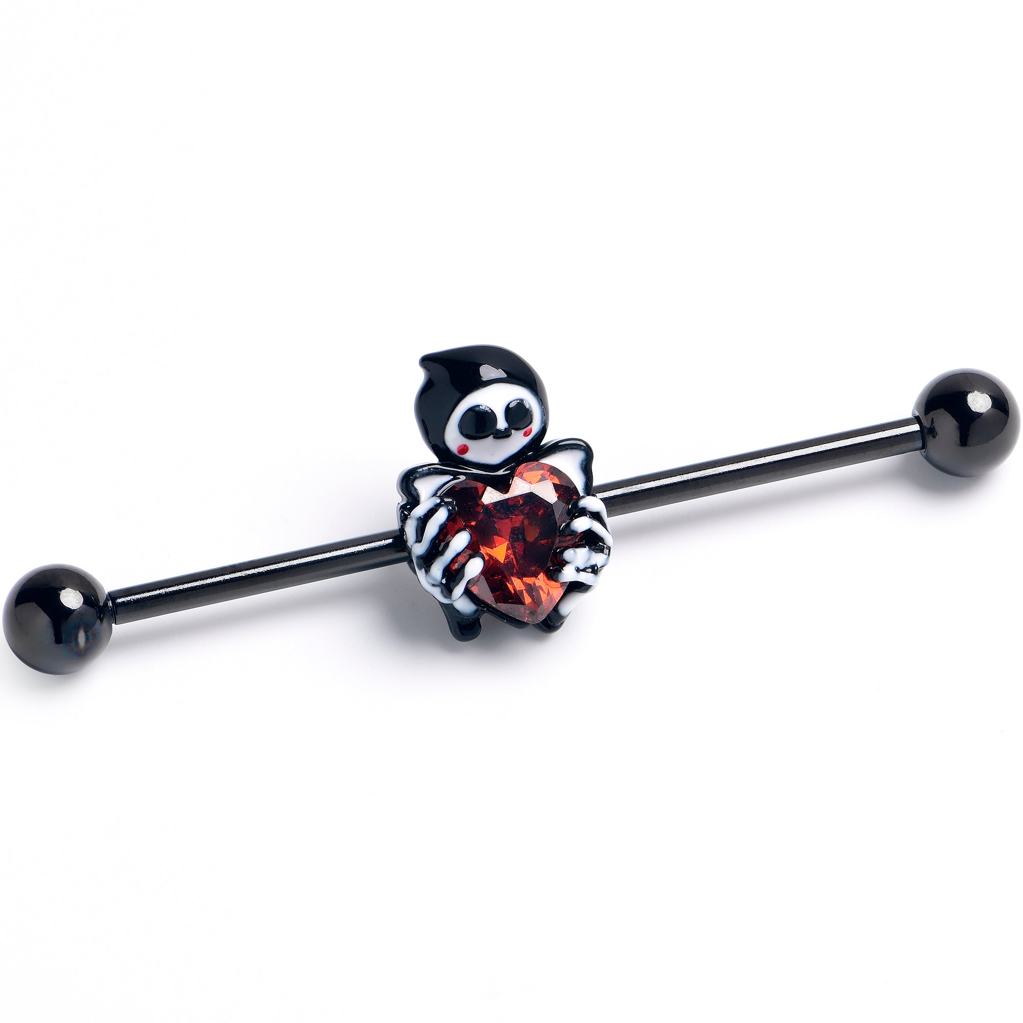 14 Gauge Red Gem Black Skeleton Heart Industrial Barbell 38mm