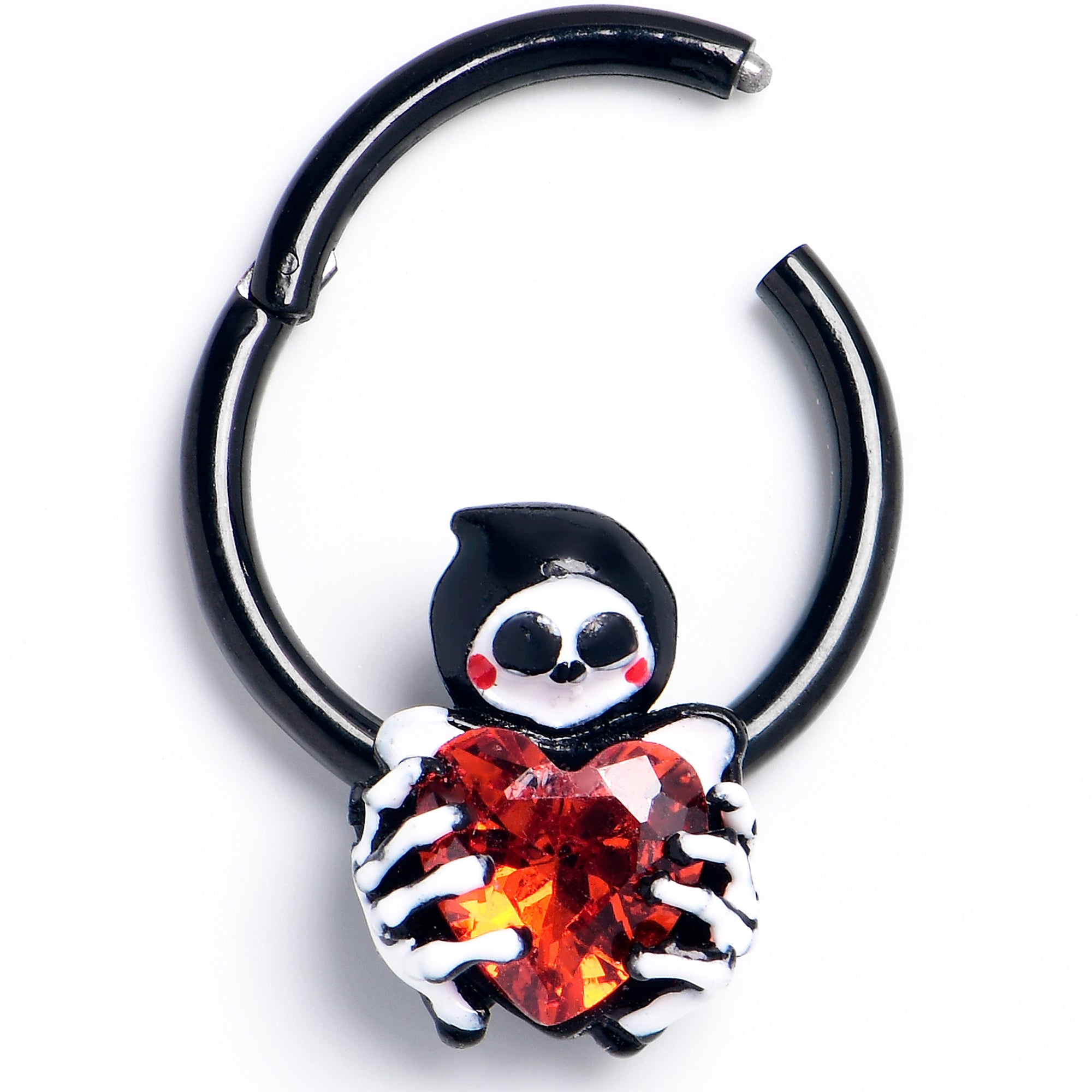 16 Gauge 3/8 Red Gem Black Skeleton Heart Hinged Segment Ring