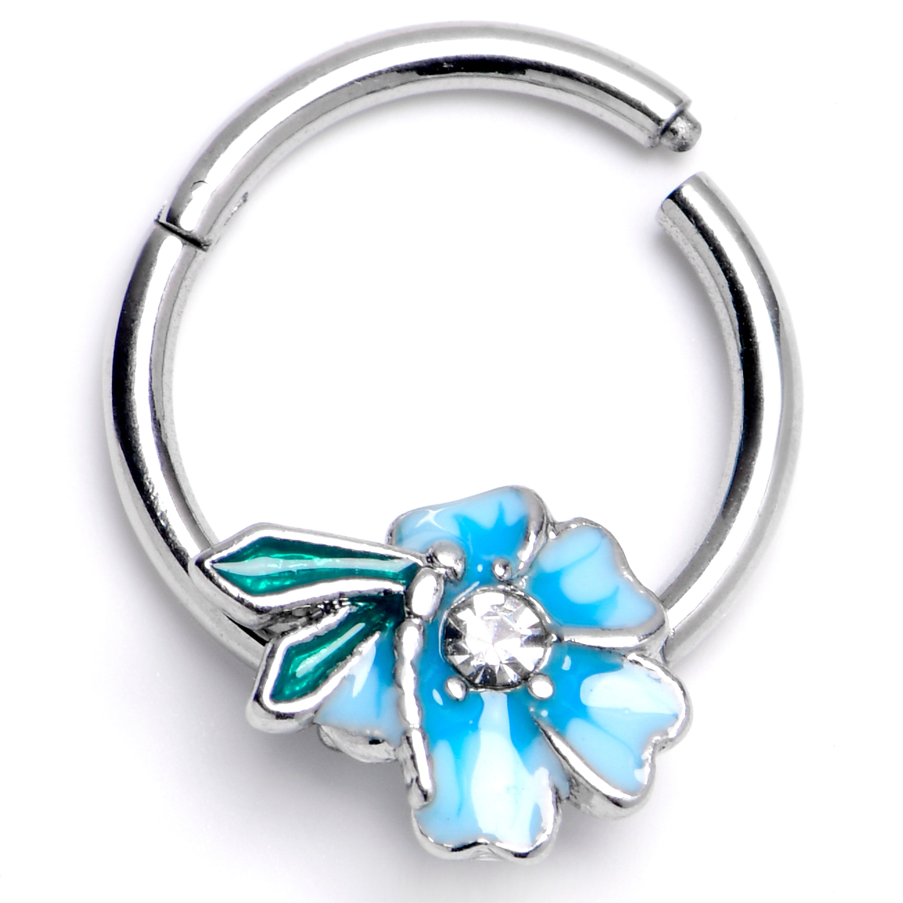 16 Gauge 3/8 Clear Gem Flower Blue Beauty Hinged Segment Ring