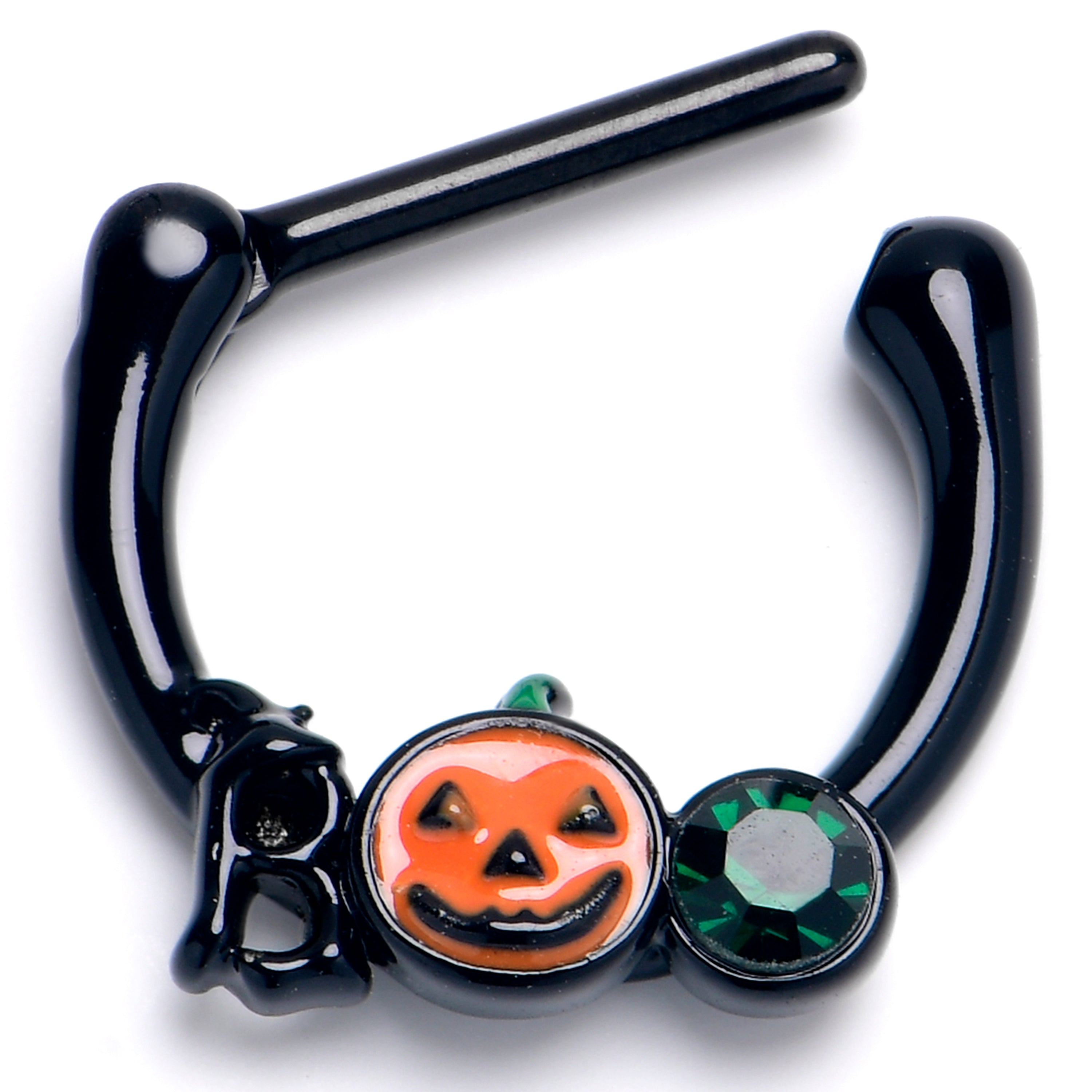 16 Gauge 5/16 Green Gem Black Boo Halloween Cartilage Clicker