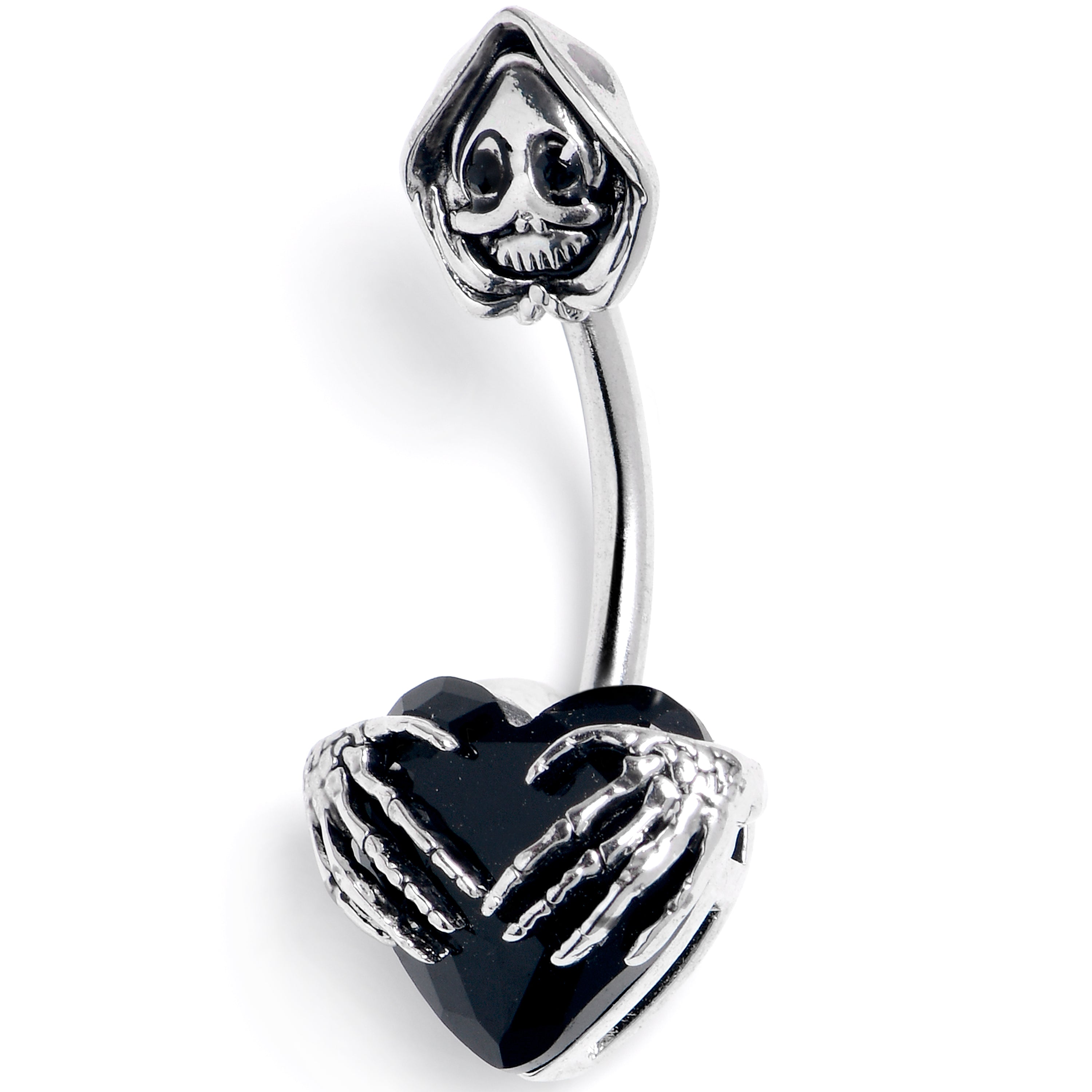 Black Gem Grim Reaper Heart Double Mount Belly Ring