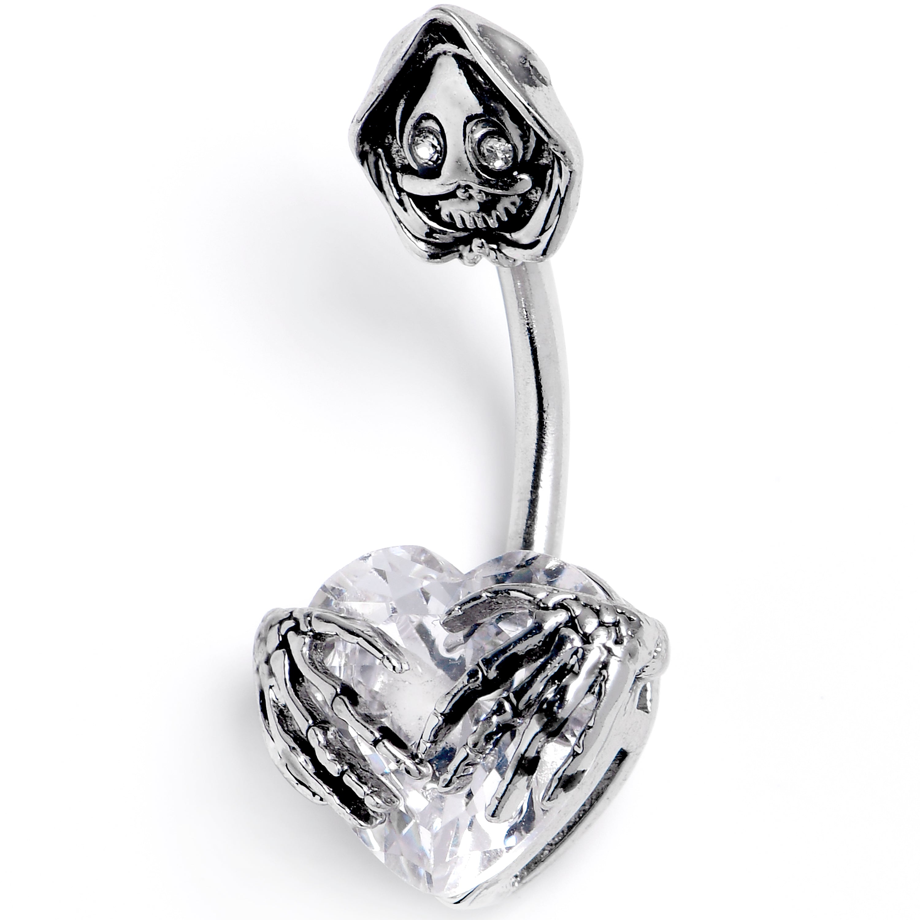 Clear Gem Grim Reaper Heart Double Mount Belly Ring