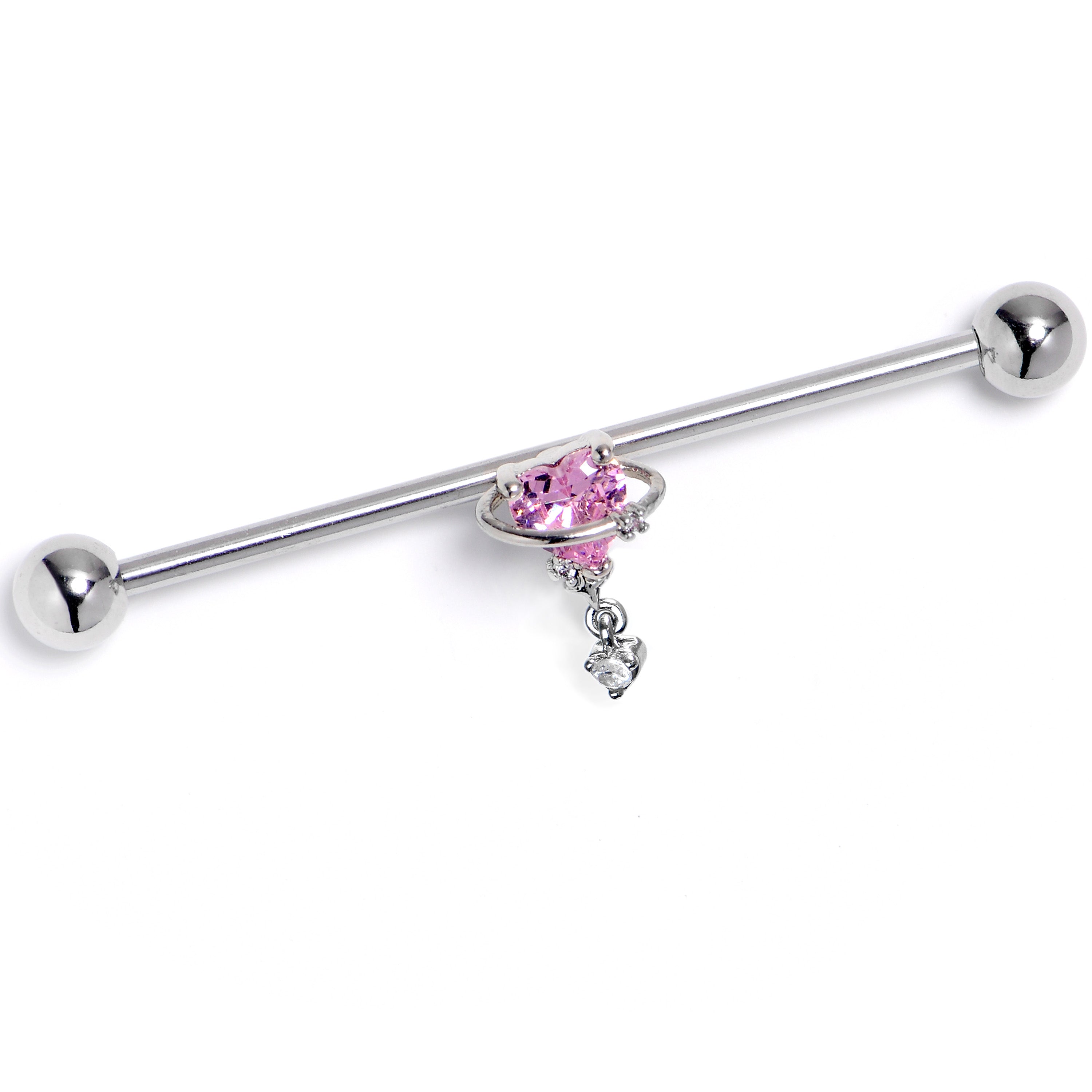 14 Gauge Pink Clear CZ Gem Saturn Heart Dangle Industrial Barbell 38mm