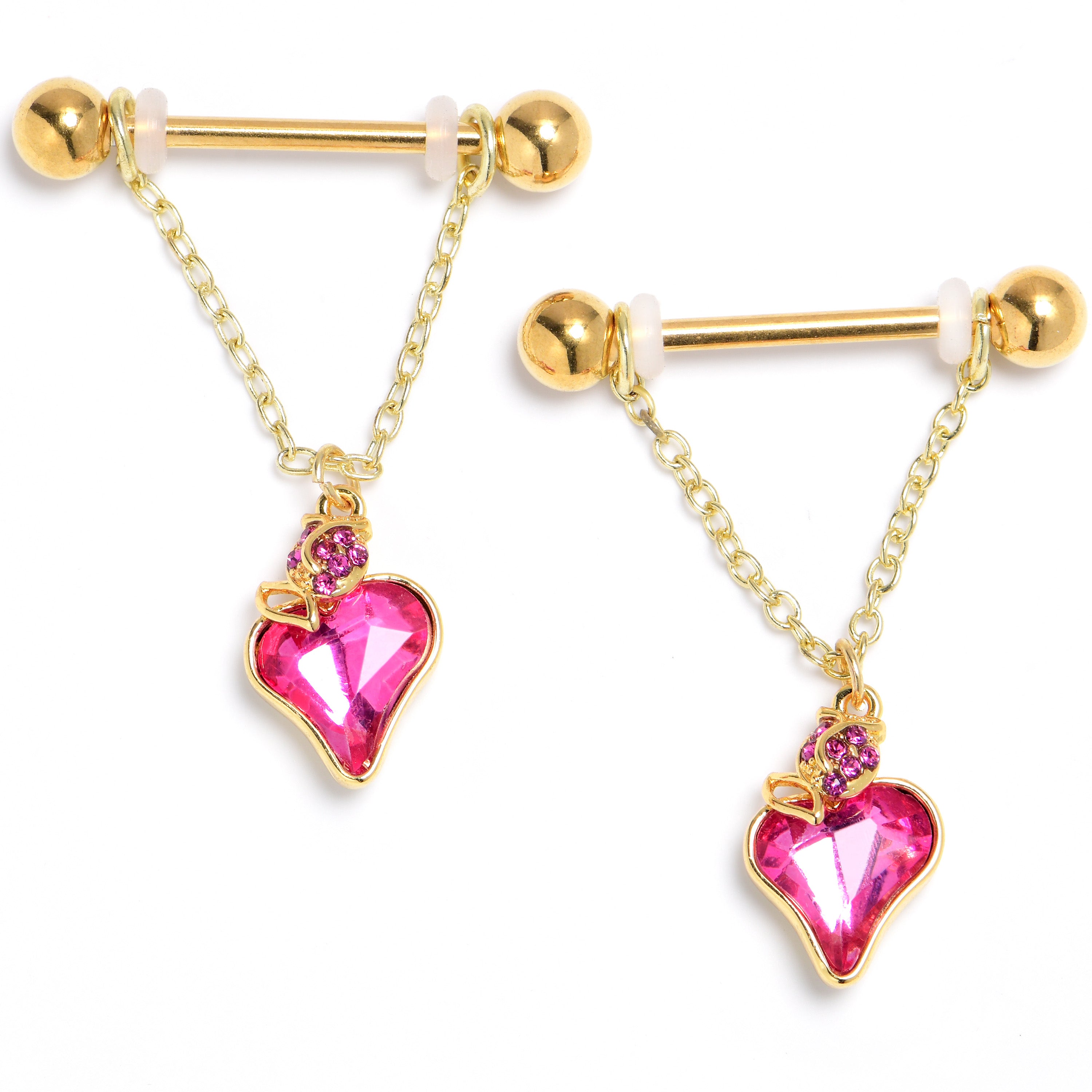 14 Gauge 9/16 Pink Gem Gold Tone Strawberry Love Dangle Nipple Ring Set