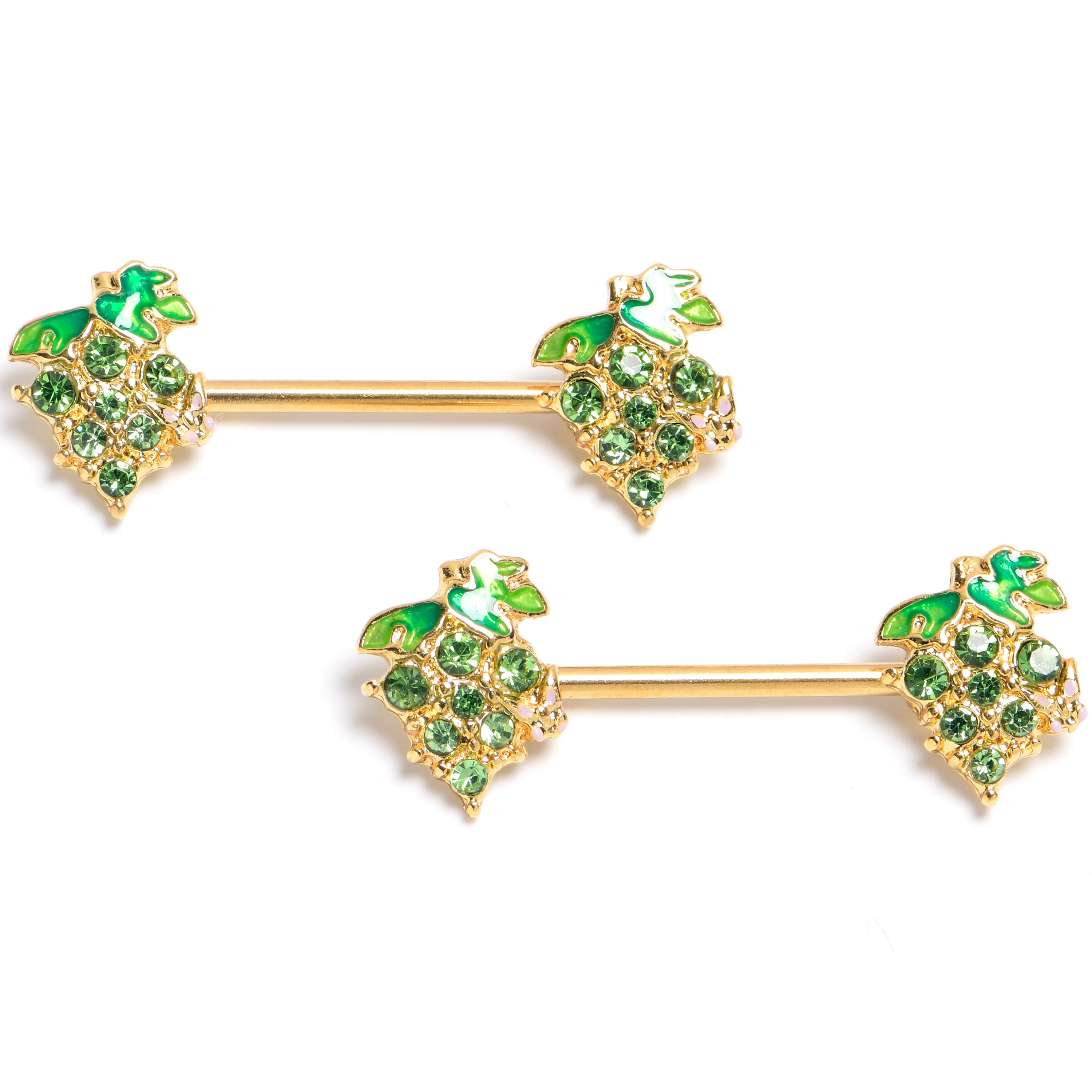 14 Gauge 9/16 Green Gem Gold Tone Butterfly Grapes Barbell Nipple Ring Set