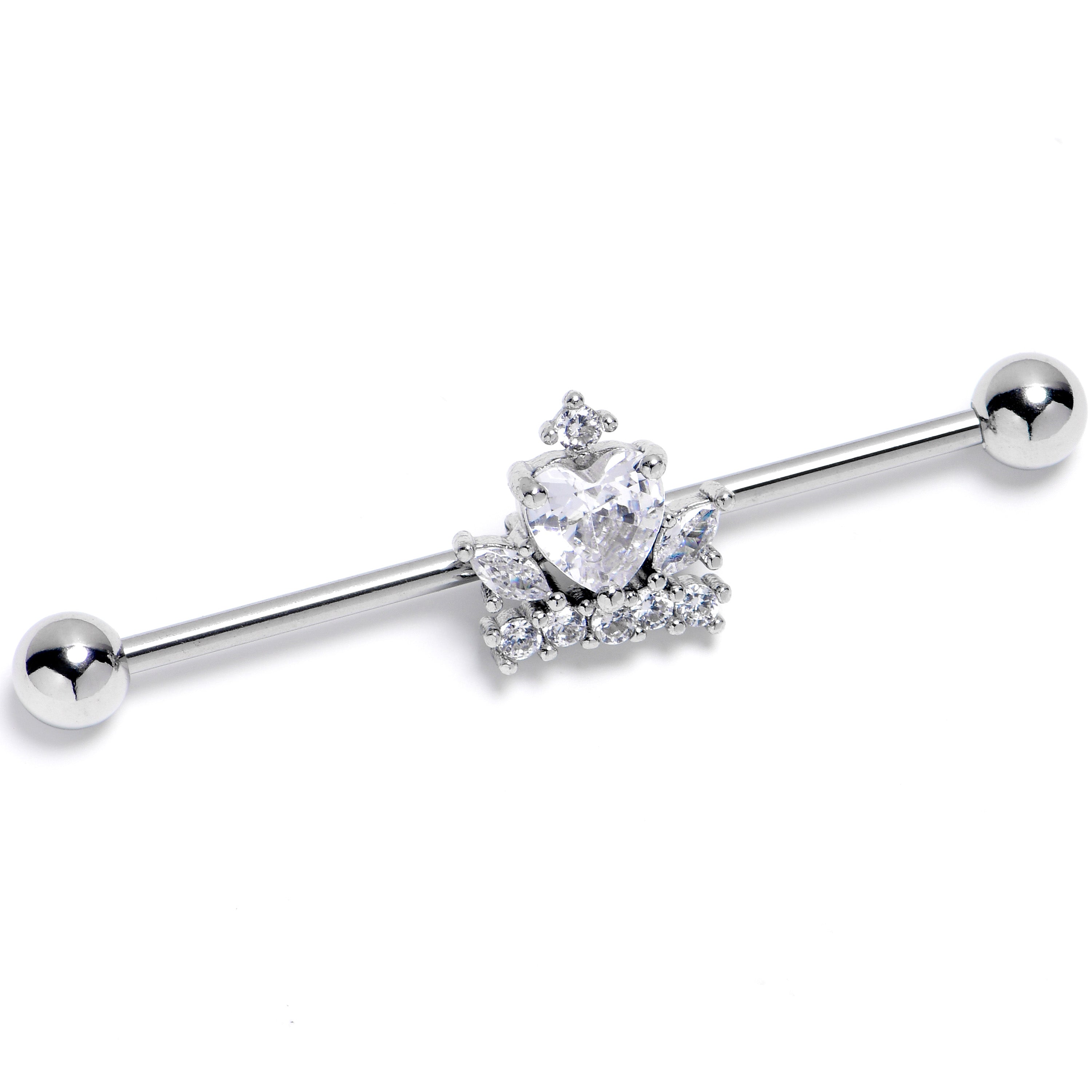 14 Gauge Clear CZ Gem Crown Heart Industrial Barbell 38mm