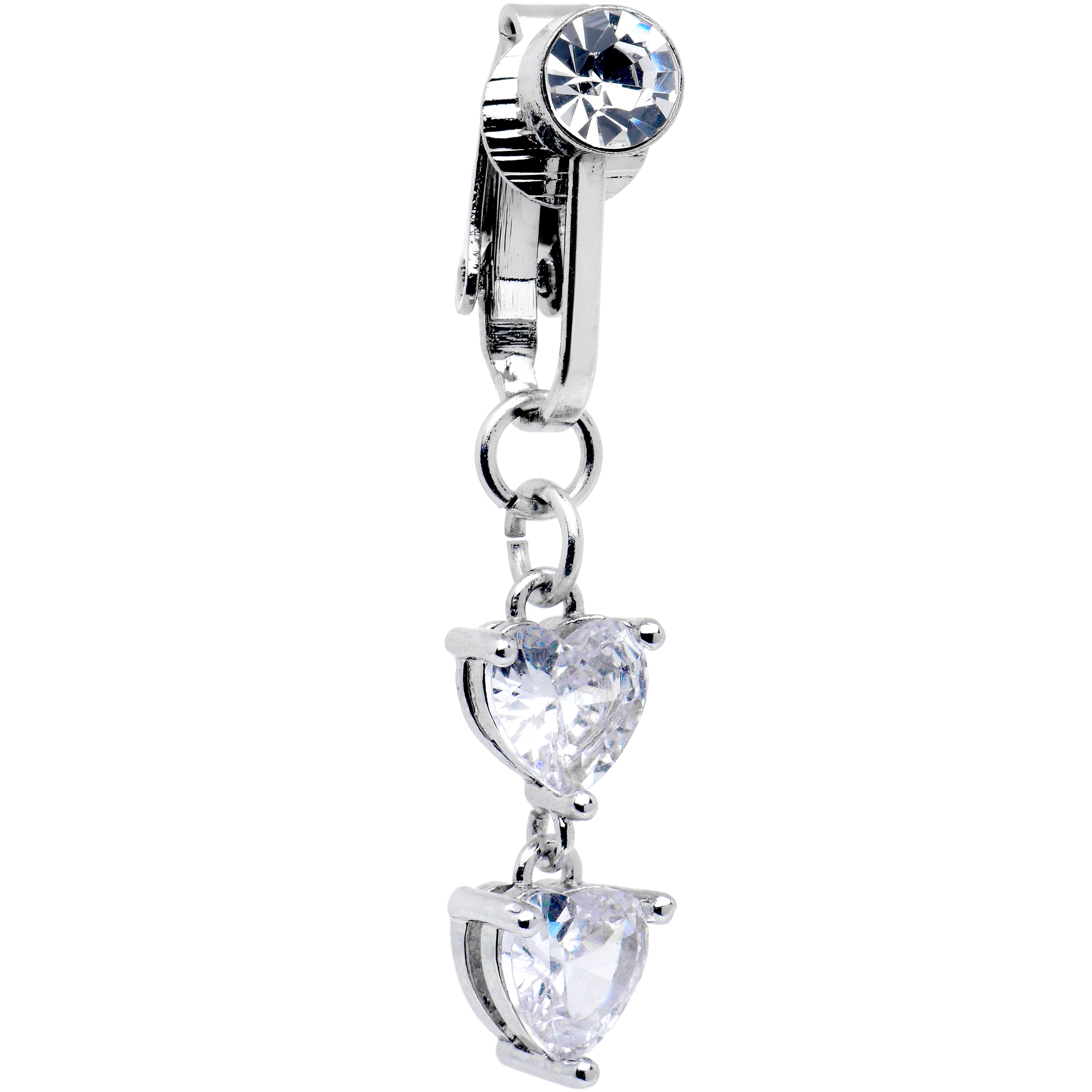 Clear CZ Gem Hearts Dangle Clip on Fake Belly Ring