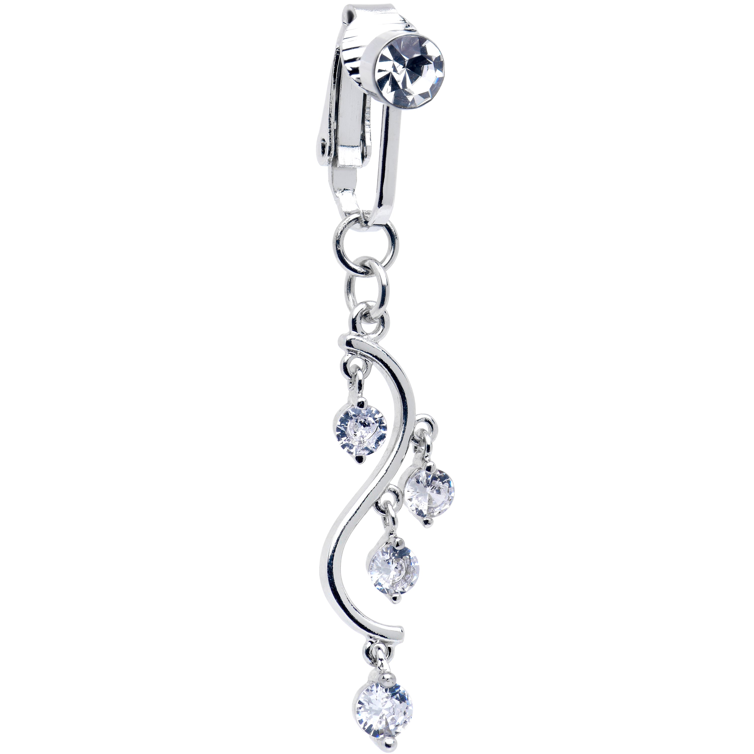 Clear CZ Gem Swirl Dangle Clip on Fake Belly Ring