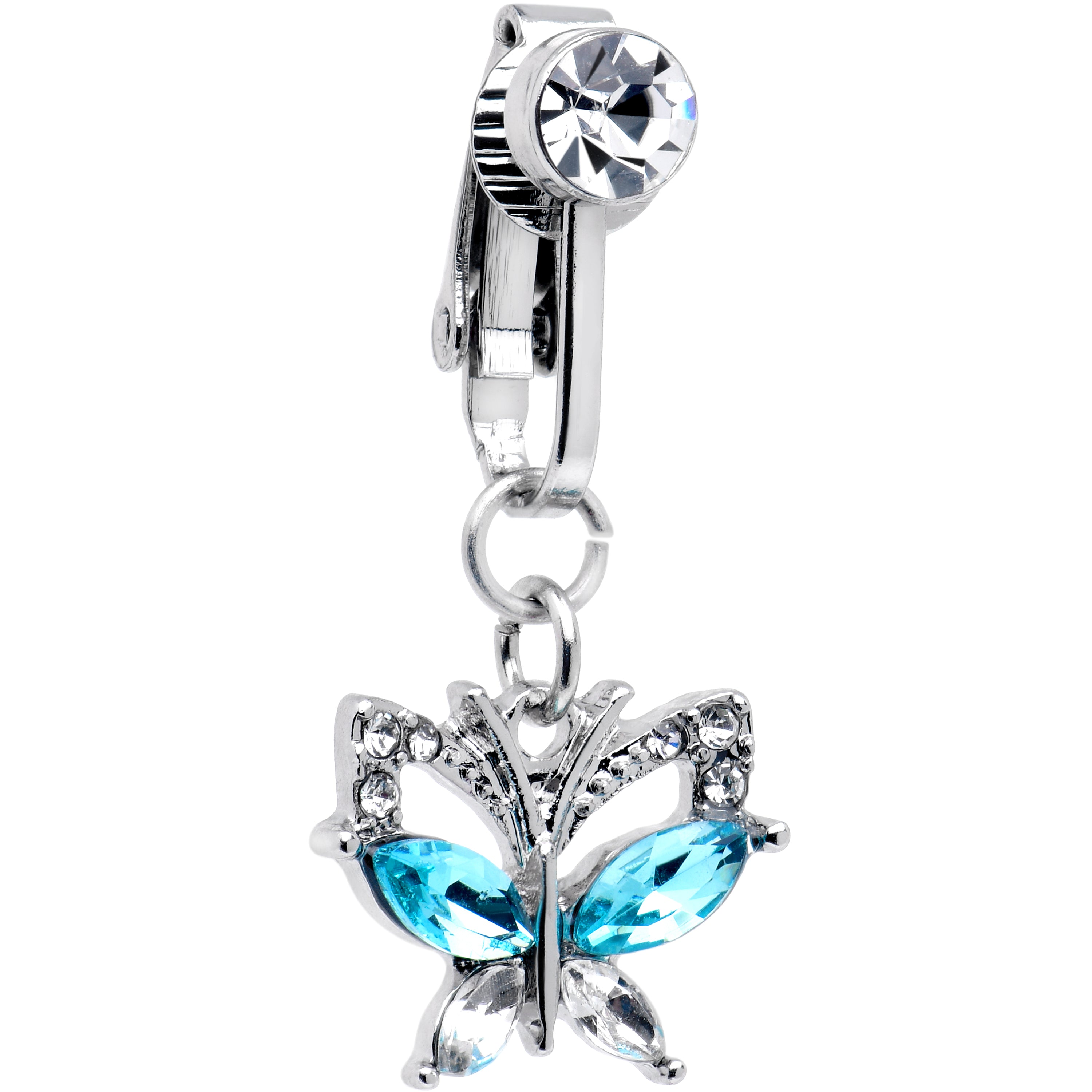 Blue Clear CZ Gem Butterfly Bling Dangle Clip on Fake Belly Ring