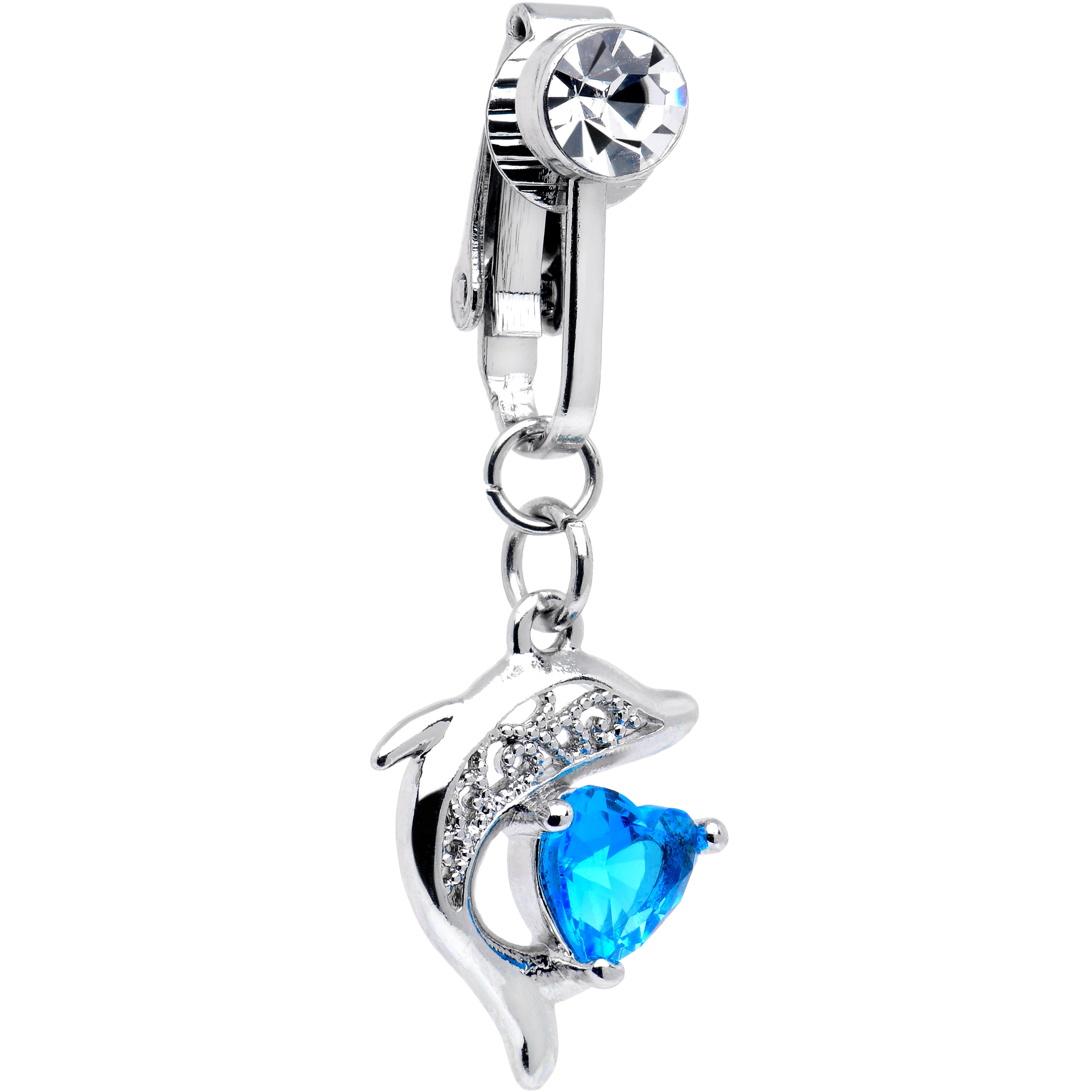 Clear Blue CZ Gem Dolphin Glam Dangle Clip on Fake Belly Ring