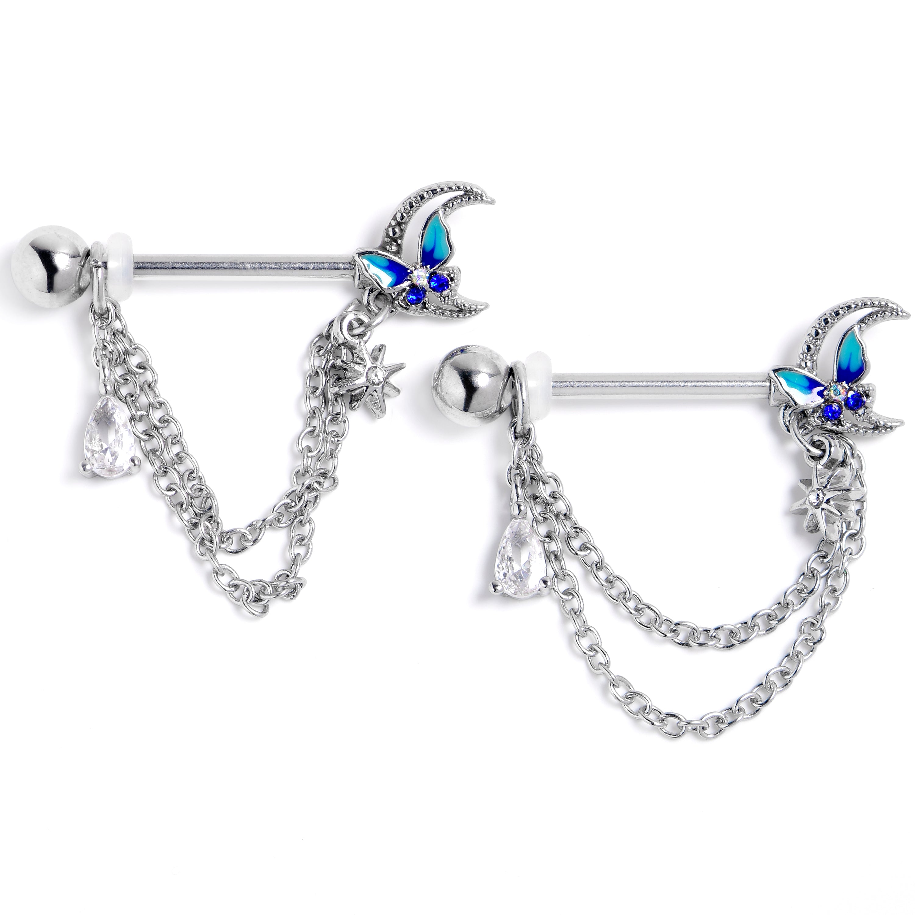 14 Gauge 9/16 Clear CZ Gem Butterfly Blue Beauty Dangle Nipple Ring Set