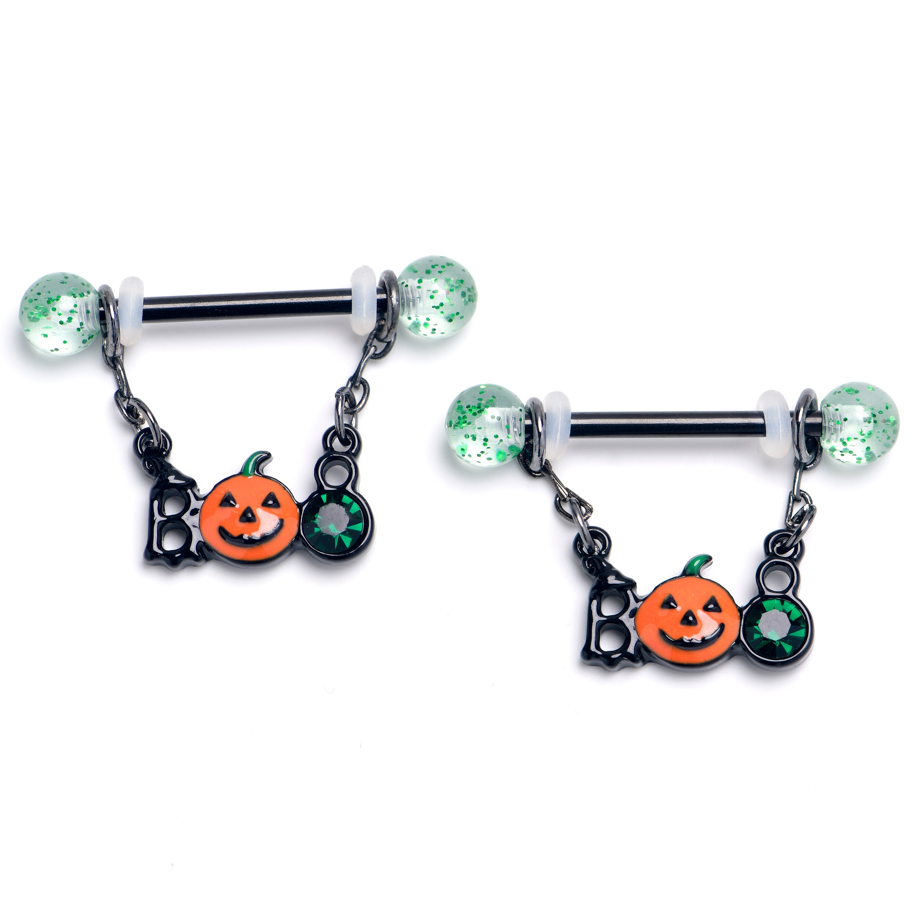 14 Gauge 9/16 Green Gem Black Boo Halloween Dangle Nipple Ring Set