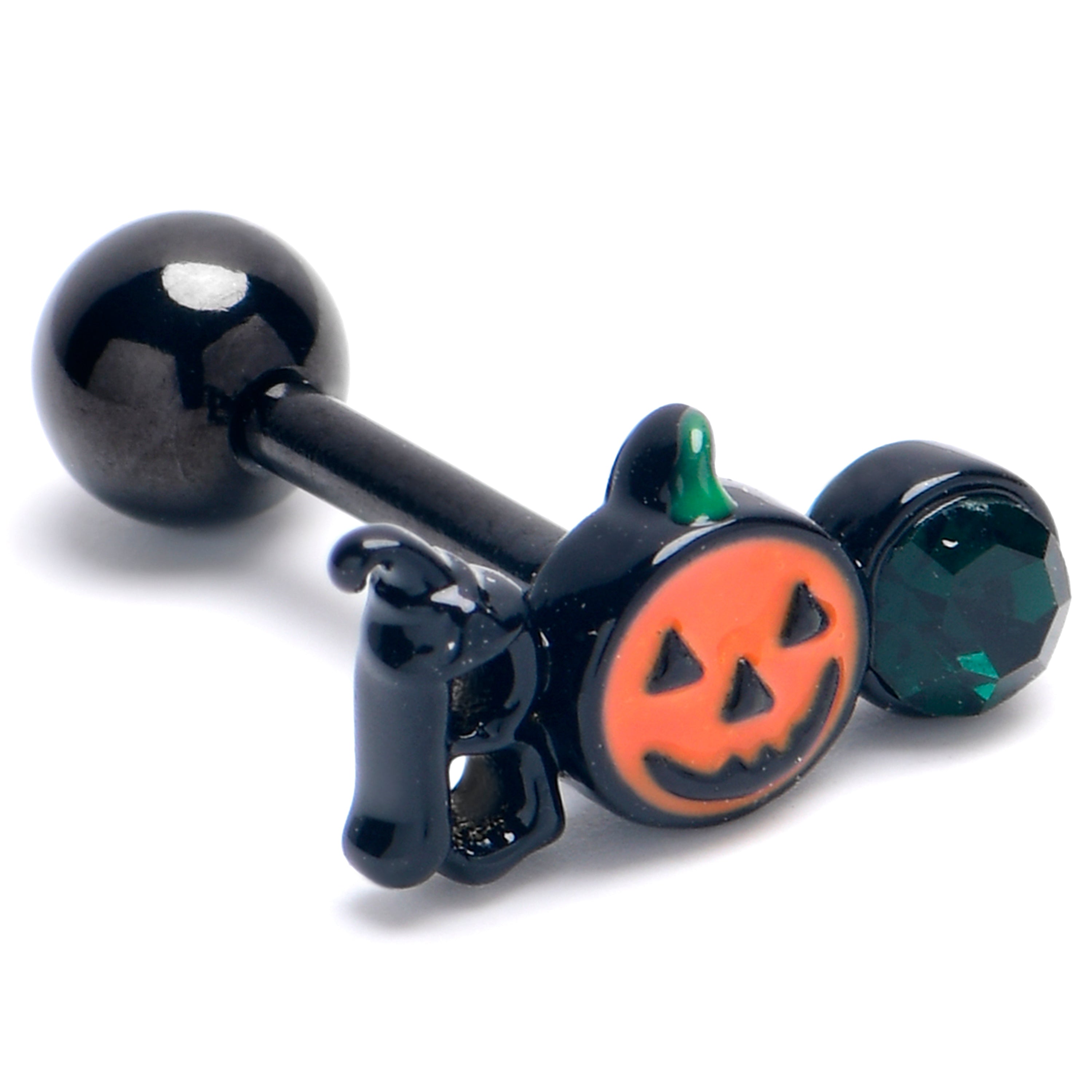 16 Gauge 1/4 Green Gem Black Boo Halloween Cartilage Tragus Earring