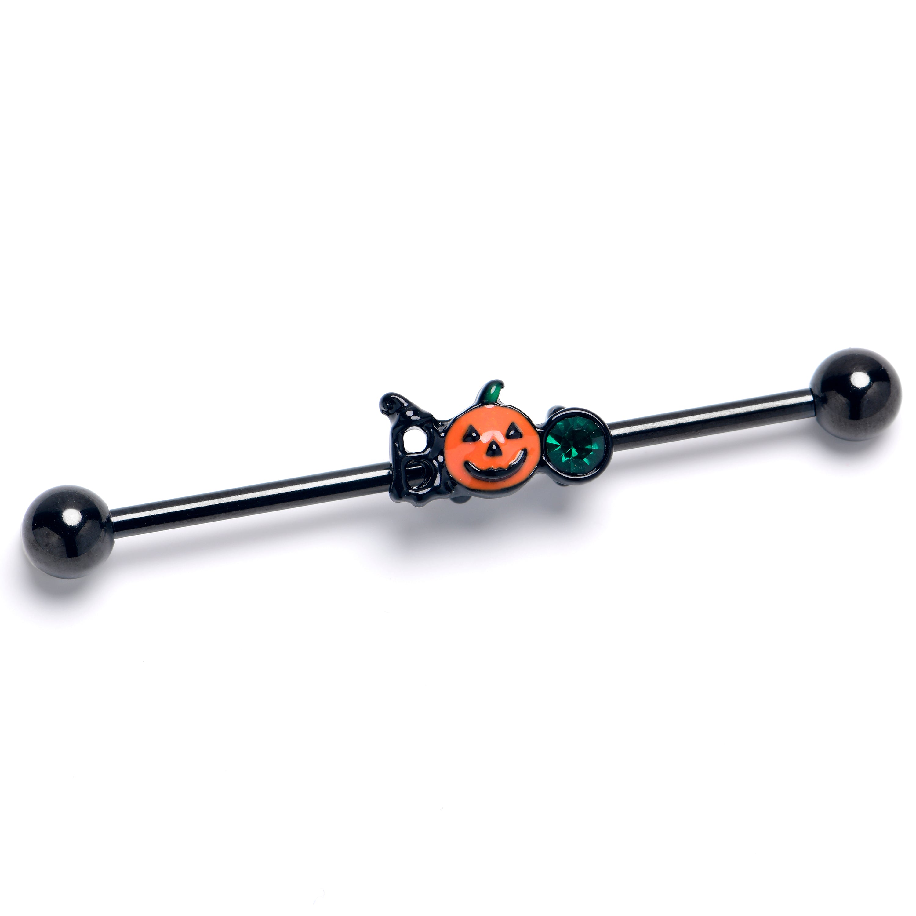 14 Gauge Green Gem Black Boo Halloween Industrial Barbell 38mm