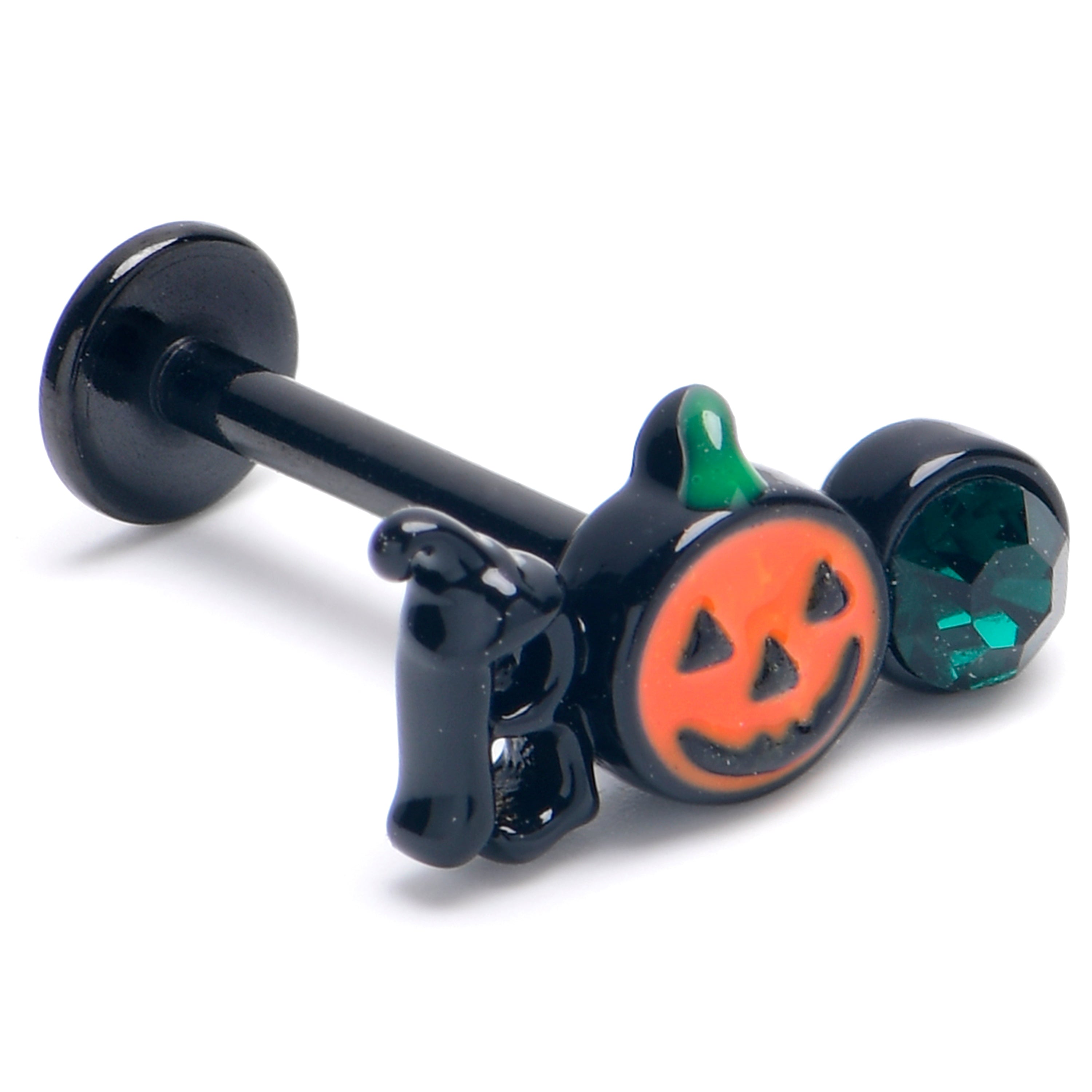 16 Gauge 5/16 Green Gem Black Boo Halloween Labret Monroe Tragus