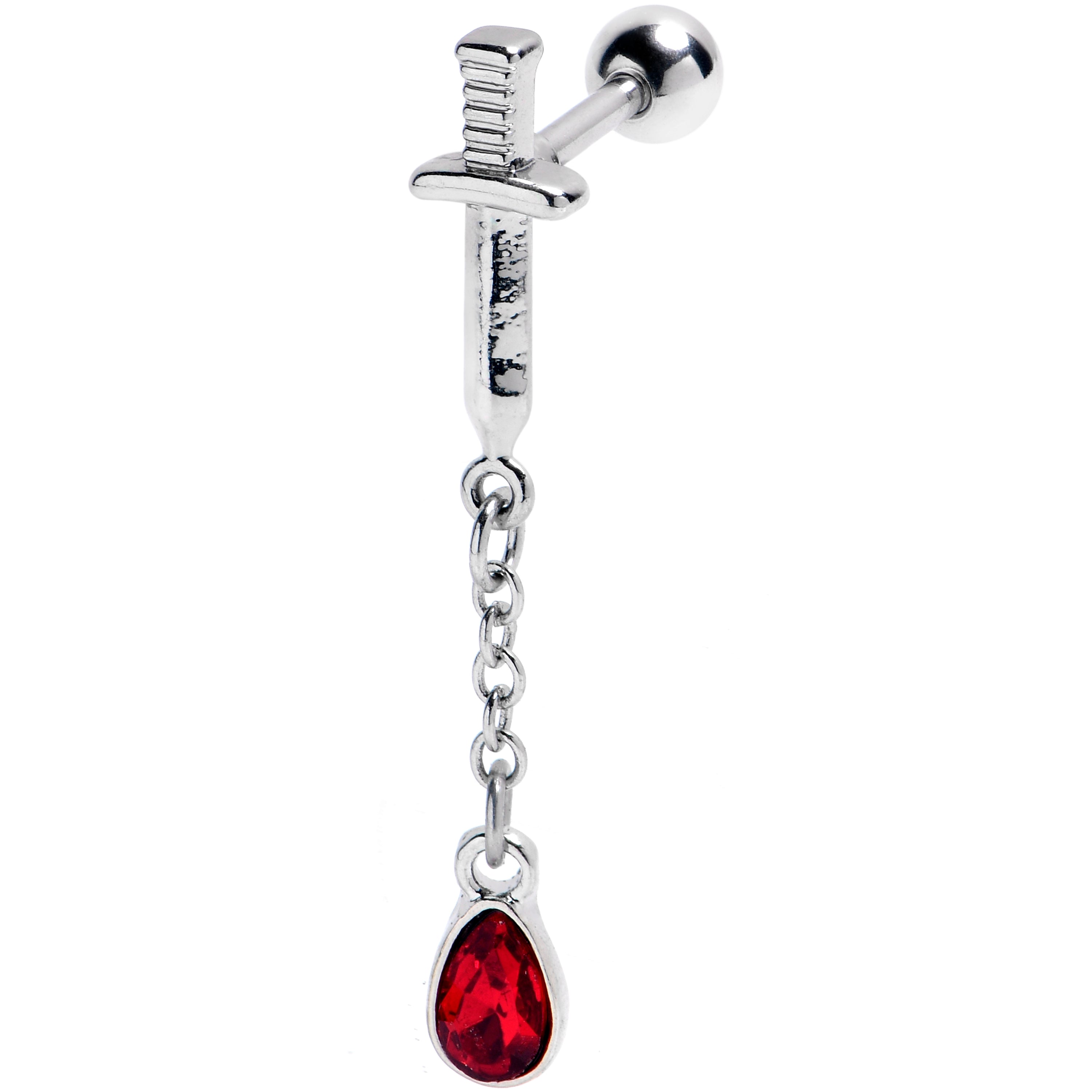 16 Gauge 1/4 Red Gem Bloody Dagger Dangle Cartilage Tragus Earring