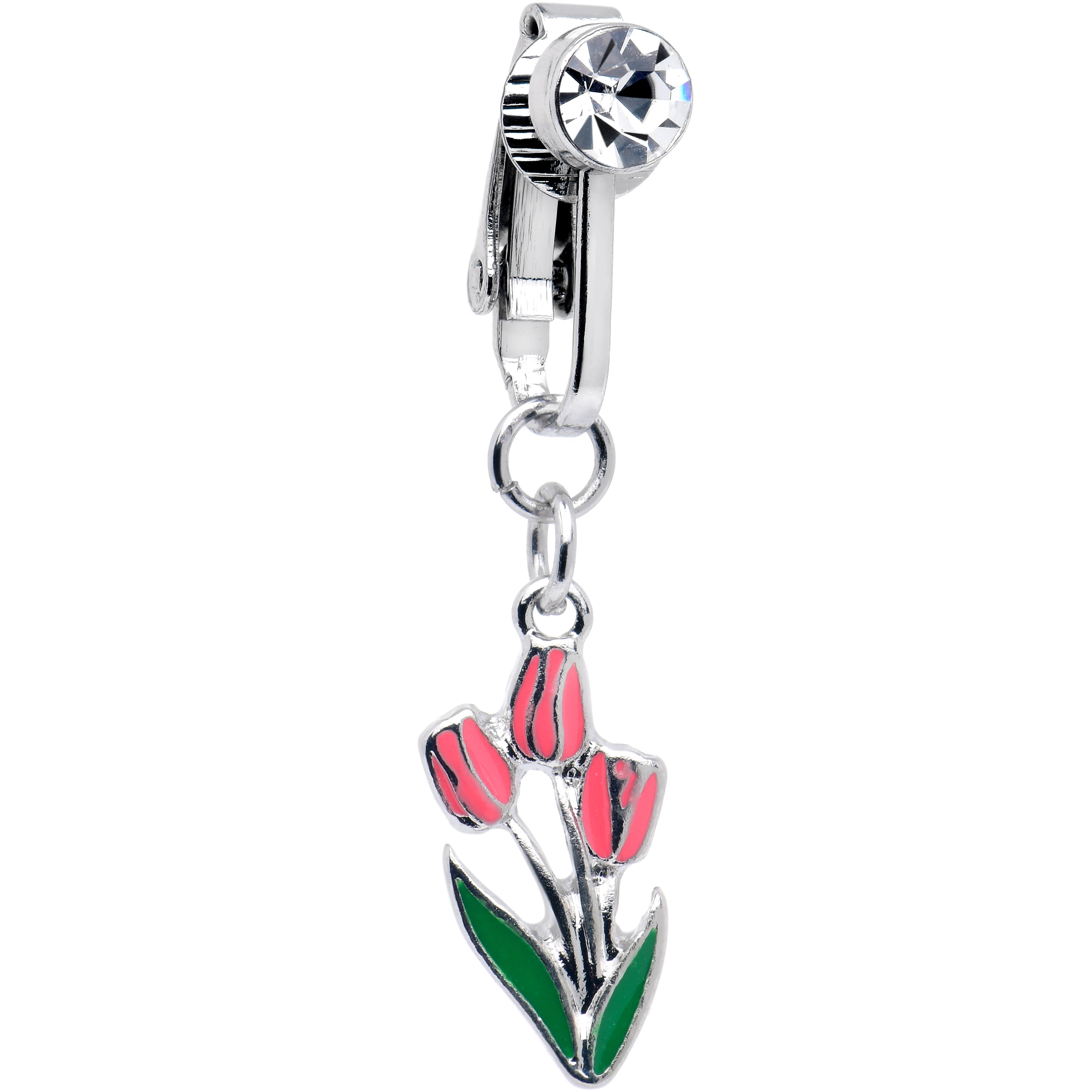 Pretty Pink Tulips Dangle Clip on Fake Belly Ring