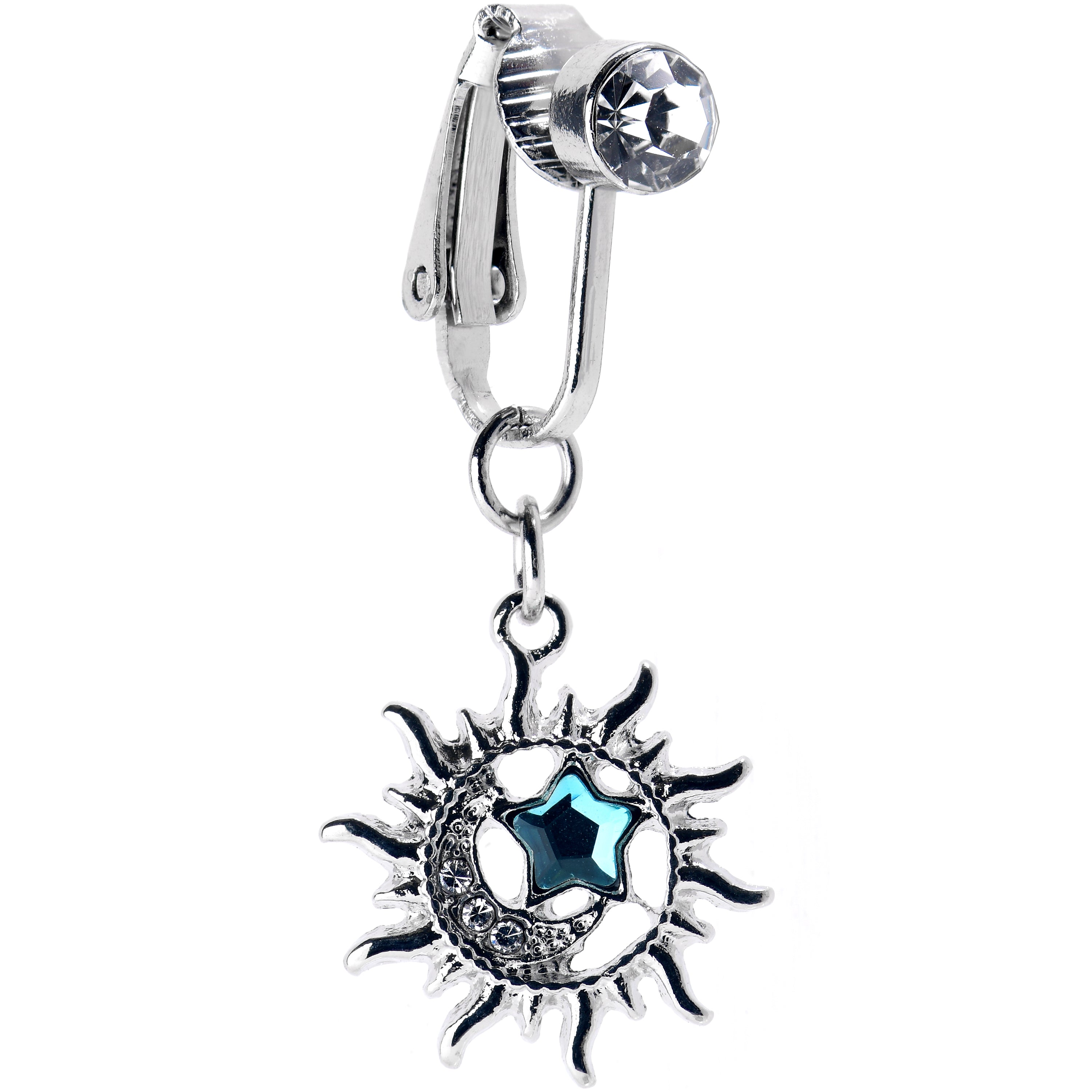 Clear Blue CZ Gem Sun Moon Star Dangle Clip on Fake Belly Ring