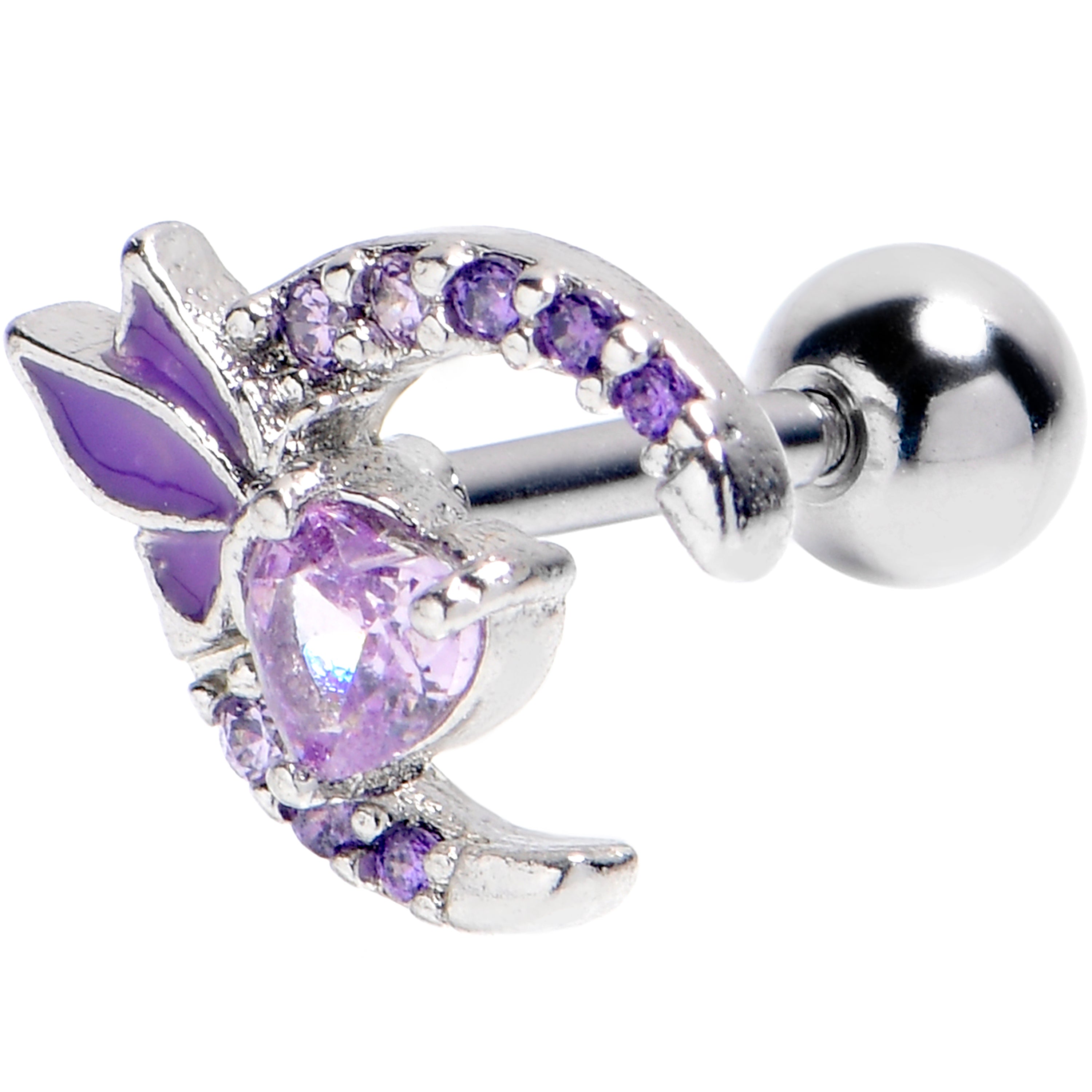 16 Gauge 1/4 Purple Gem Butterfly Moon Heart Cartilage Tragus Earring