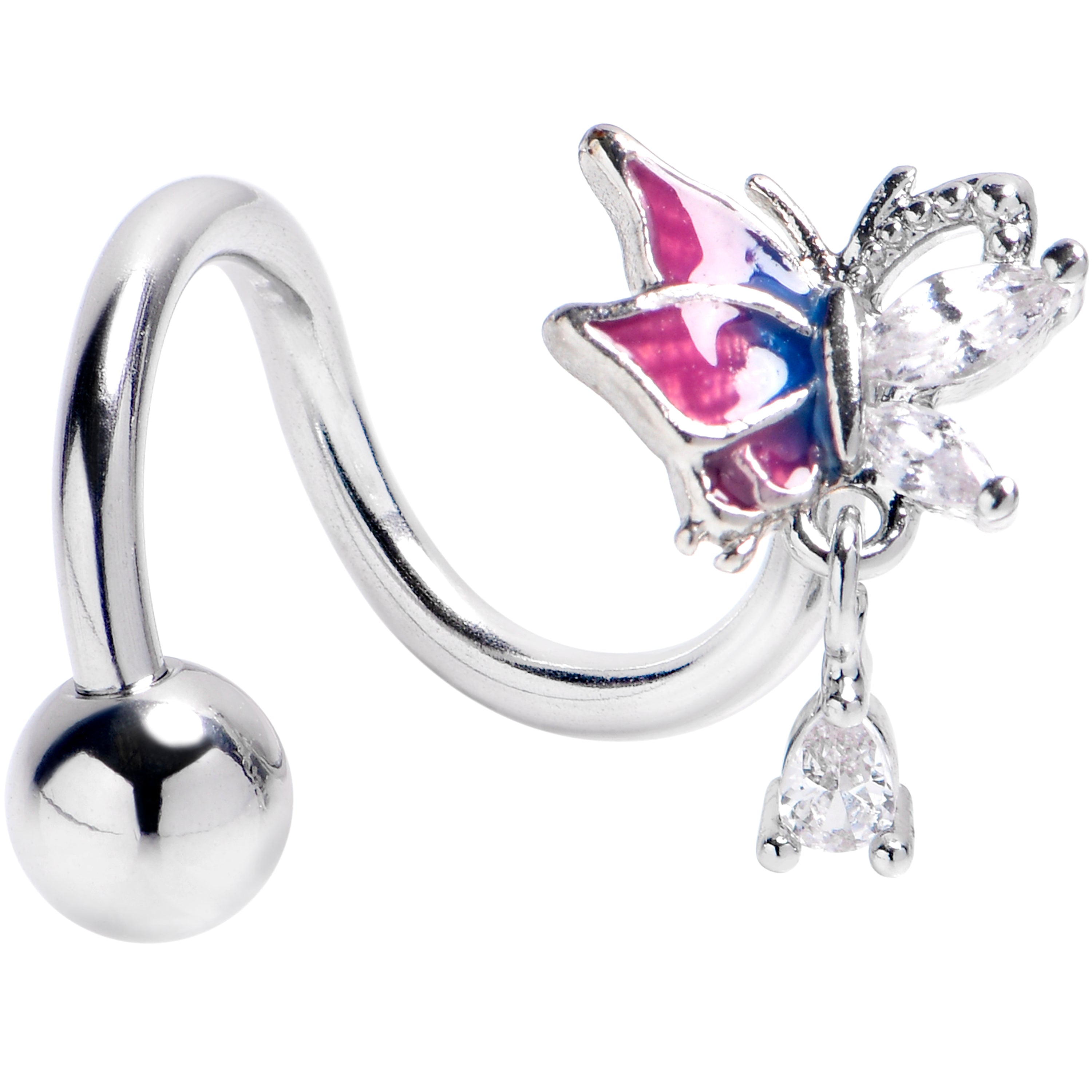 Clear CZ Gem Dazzling Beauty Butterfly Purple Spiral Twister Belly Ring