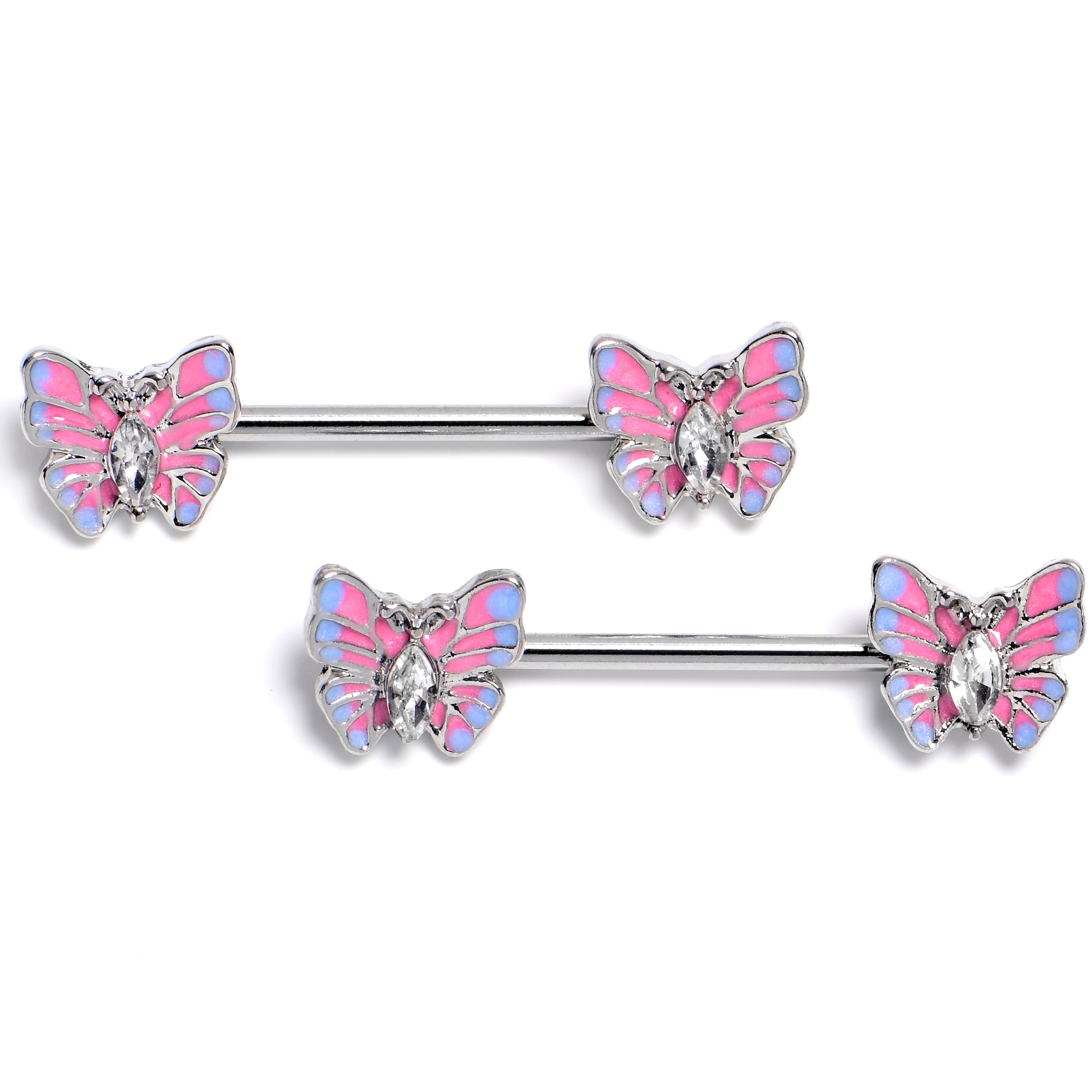 14 Gauge 9/16 Clear Gem Pastel Pretty Butterfly Barbell Nipple Ring Set