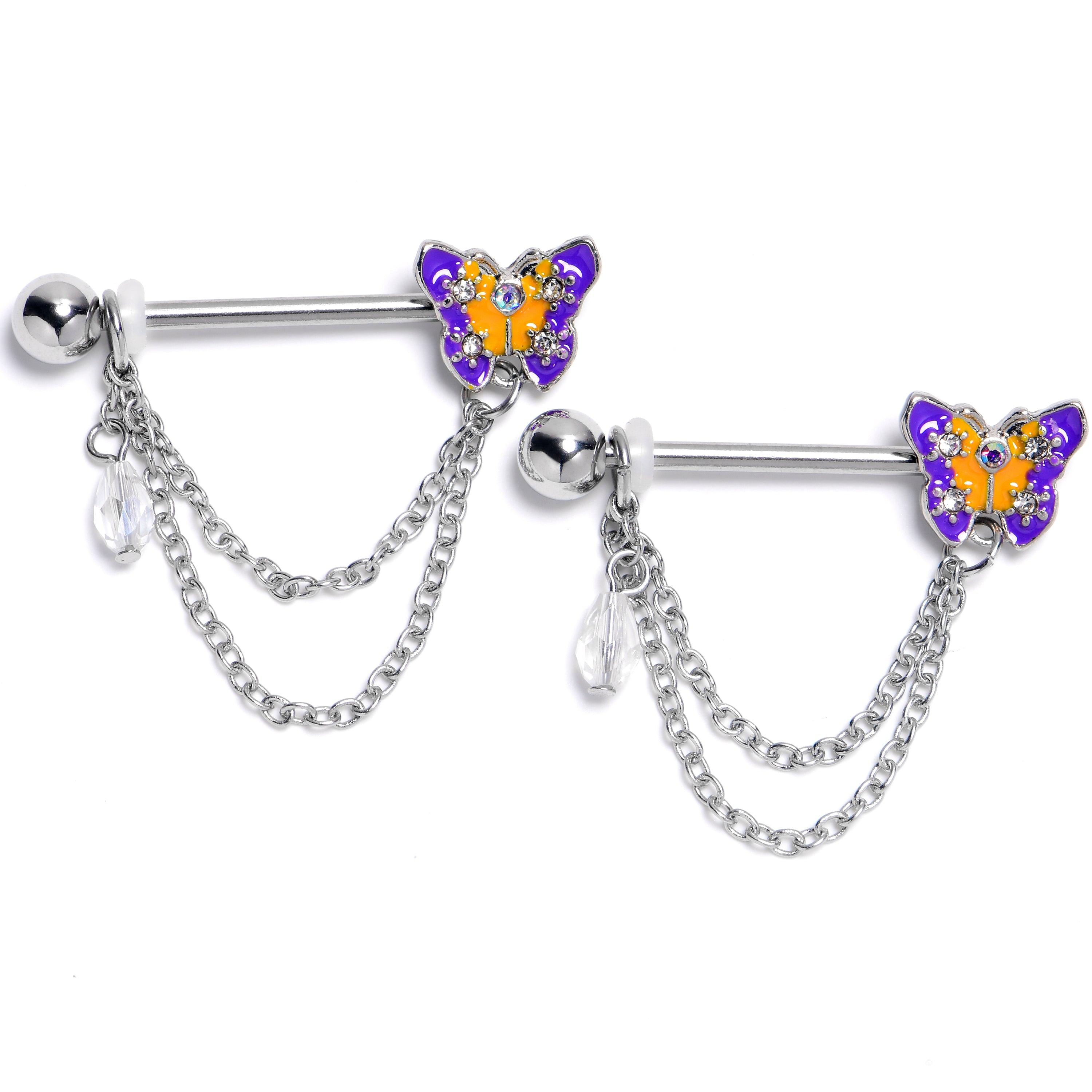 14 Gauge 9/16 Clear Gem Purple Yellow Butterfly Dangle Nipple Ring Set