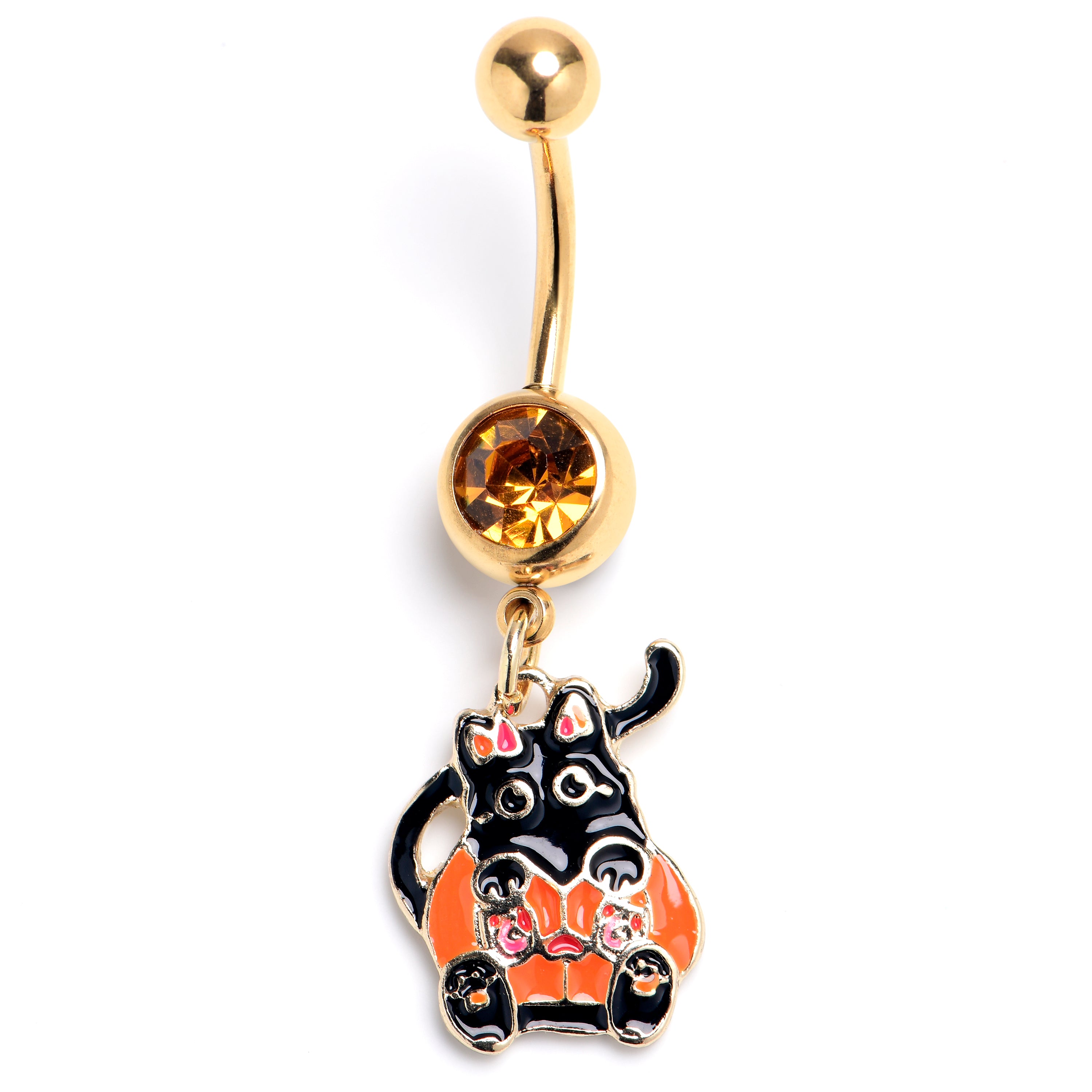 Yellow Gem Gold Tone Black Cat Pumpkin Suit Belly Ring