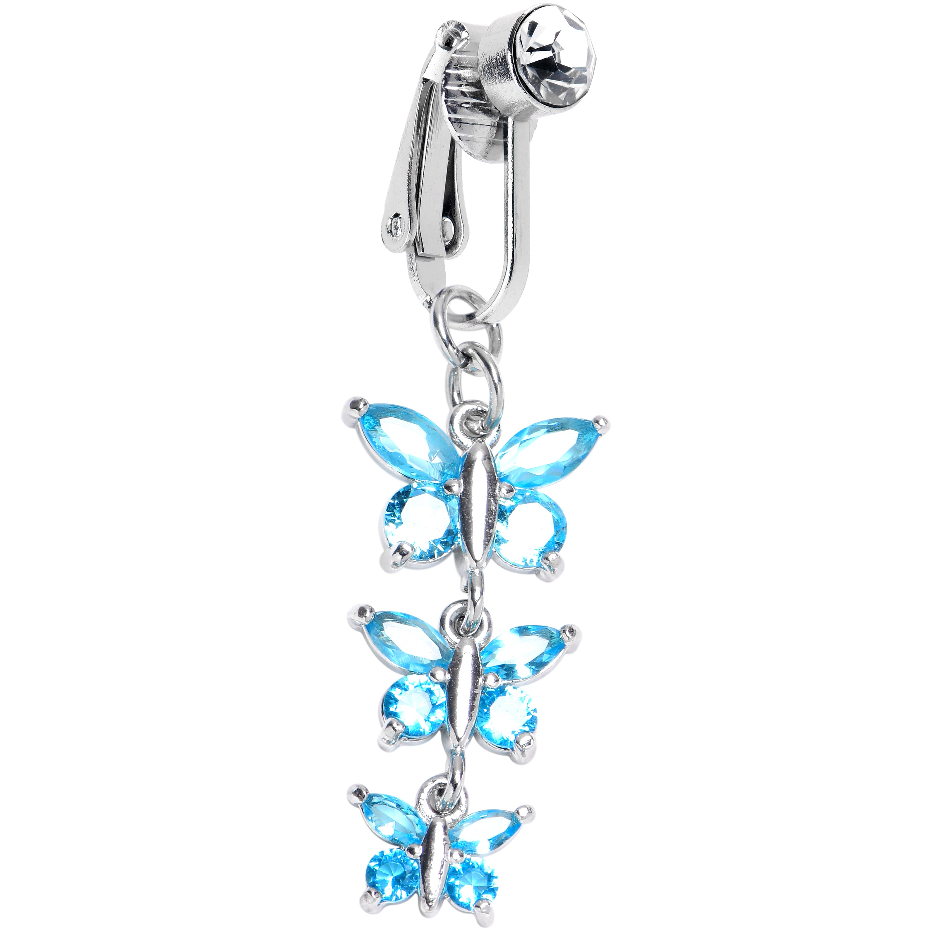 Blue CZ Gem Butterfly Strand Dangle Clip on Fake Belly Ring