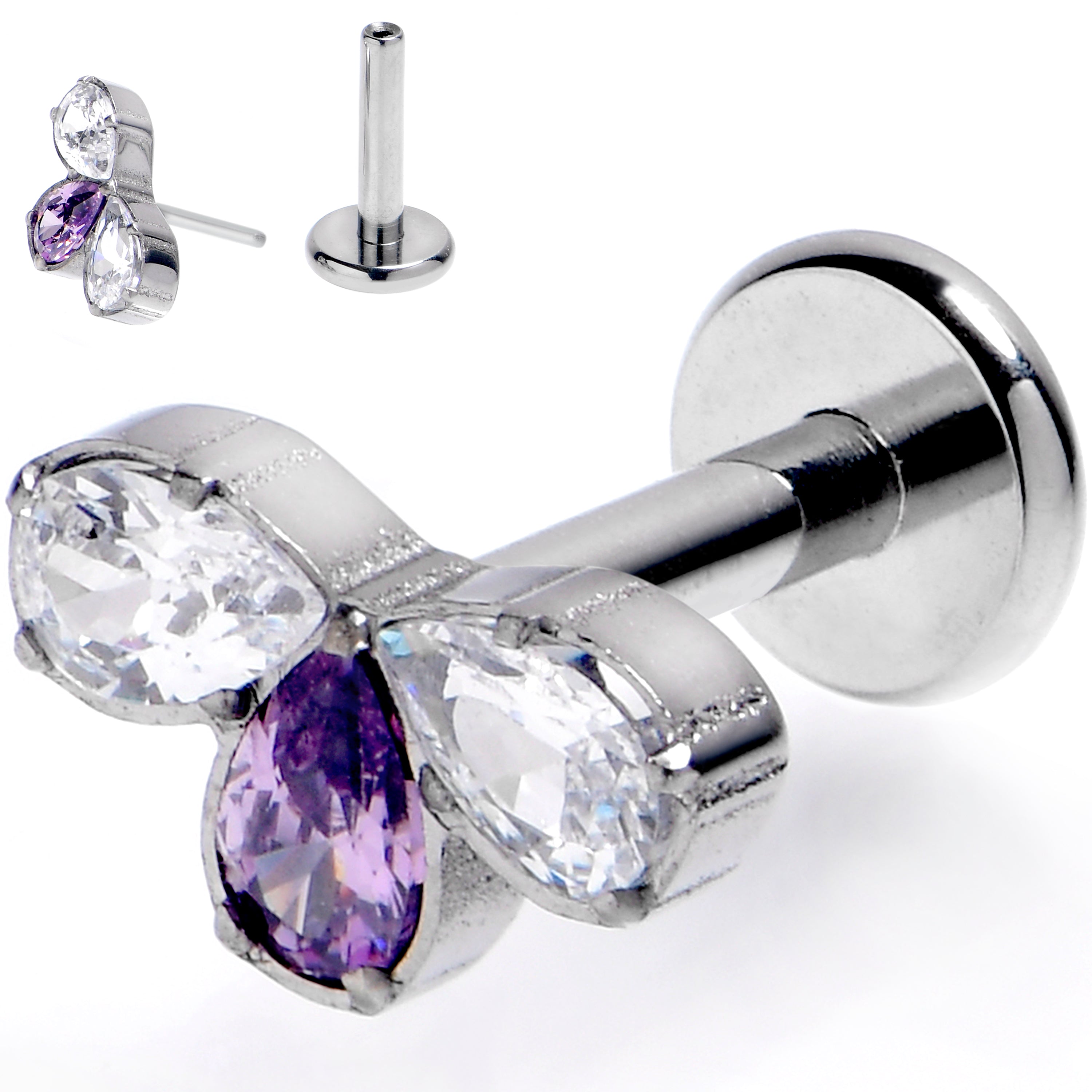 16 Gauge 1/4 Purple Gem Grade 23 Titanium Threadless Push In Labret Tragus