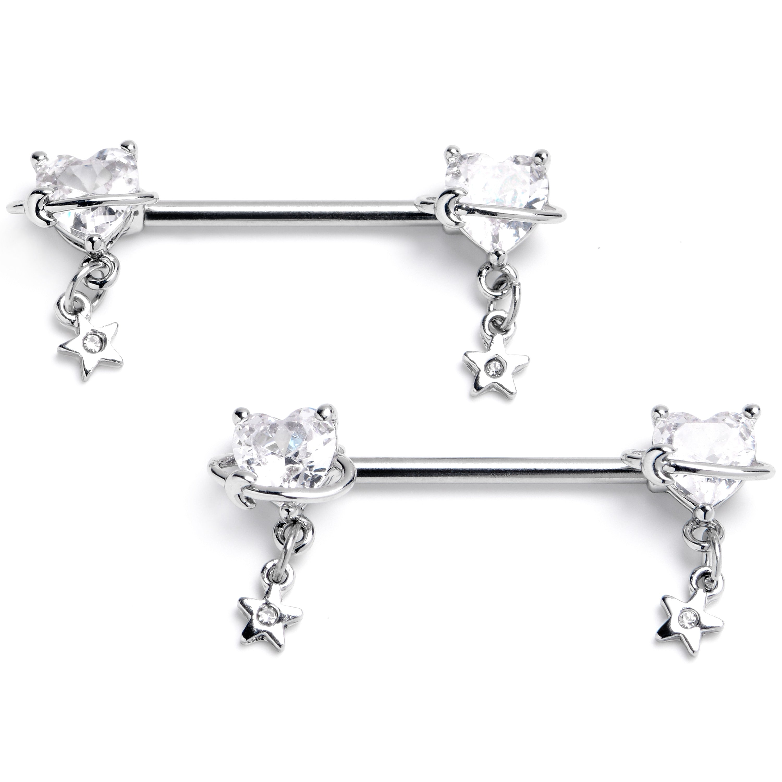 14 Gauge 9/16 Clear CZ Heart Starry Saturn Dangle Nipple Ring Set